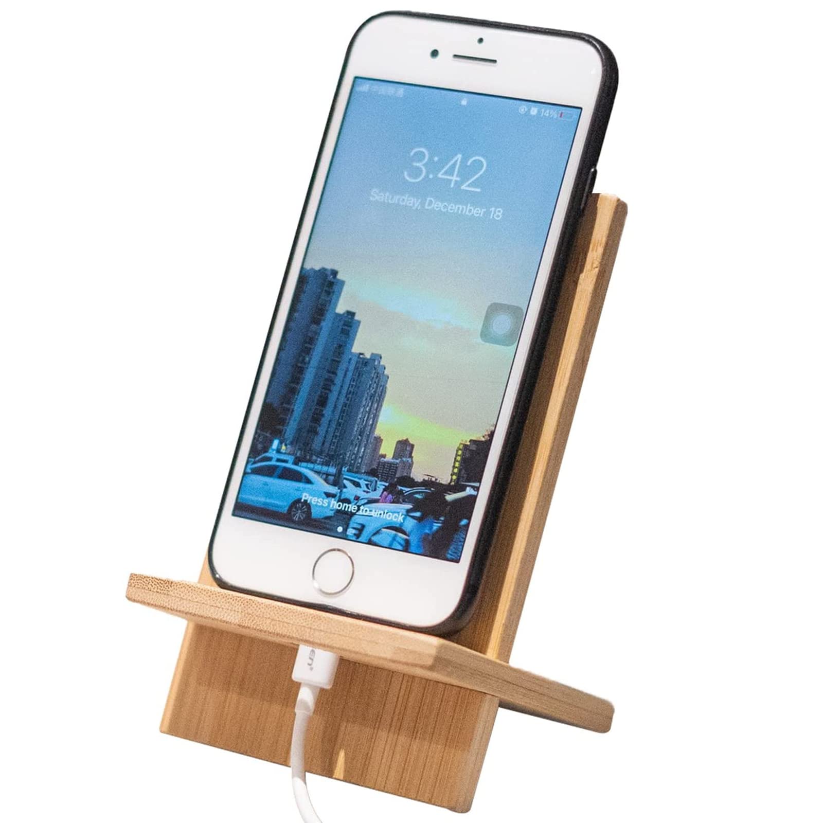 Bamboo Phone Stand with Charging Hole - Detachable & Portable Wooden Mobile Phone Holder for Desk, Office, Car, and Home Use
