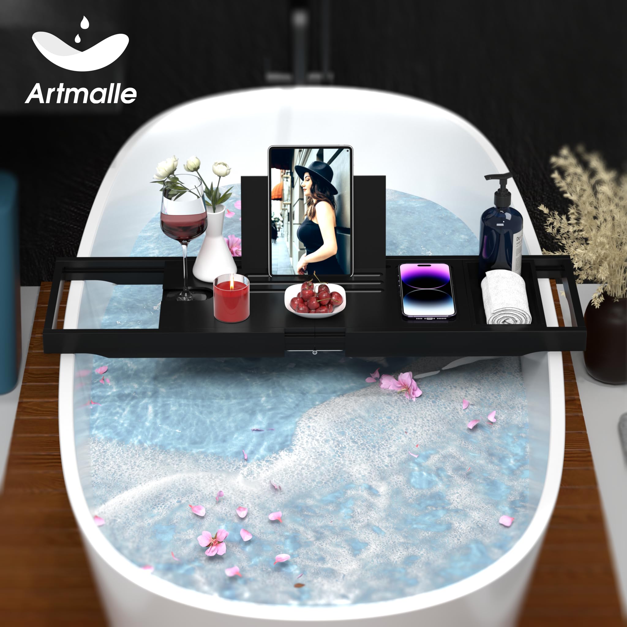 **Foldable Bamboo Bathtub Tray with Book Holder & Soap Dish – Luxury Bath Caddy for Women & Men – Perfect for Relaxing Baths, Reading, and Spa Nights (Semi-Simple, Black)**