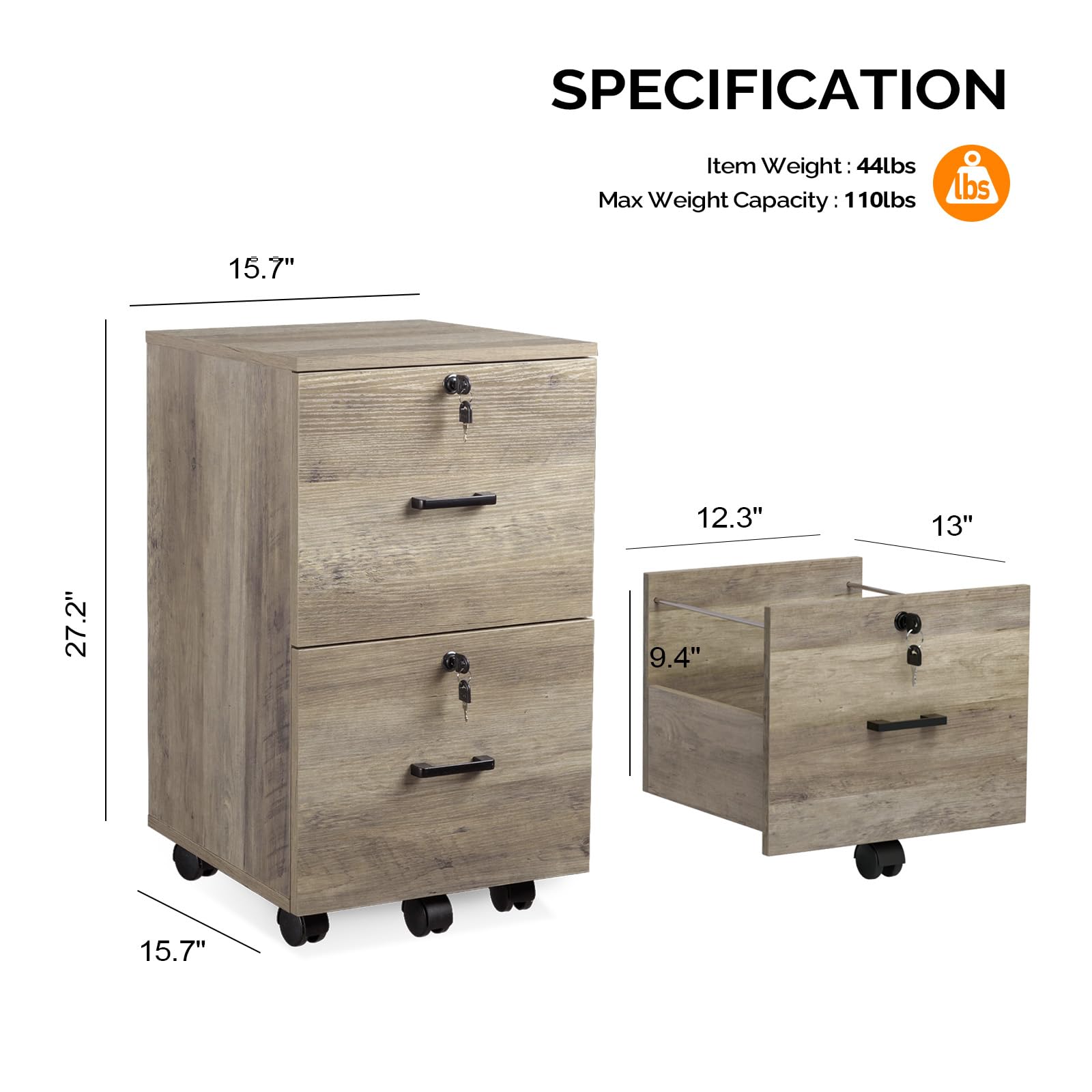 VINGLI 2-Drawer Locking File Cabinet - Rustic Gray Wood Letter Size File Organizer with Wheels | Under Desk Mobile Storage for Home Office, Printer Stand & Document Filing