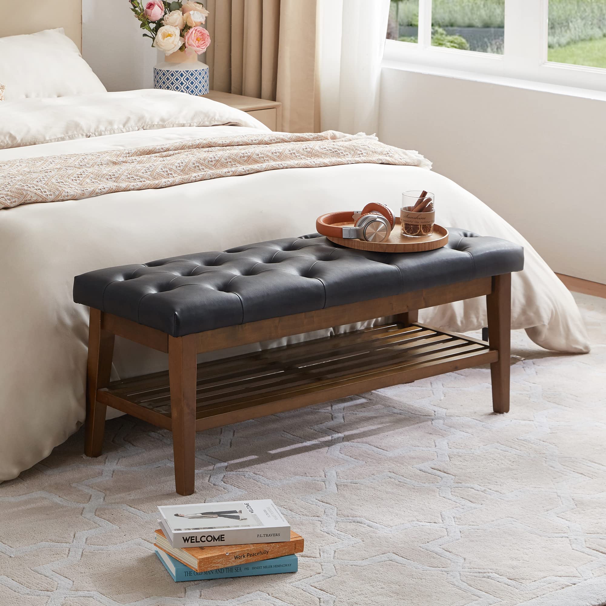 HUIMO PU Leather Entryway Bench with Button-Tufted Design - Solid Wood Shelf Storage Ottoman for Living Room, Bedroom & Dining Area - Versatile Shoe Bench, End of Bed Seat & Kitchen Dining Chair (Black)