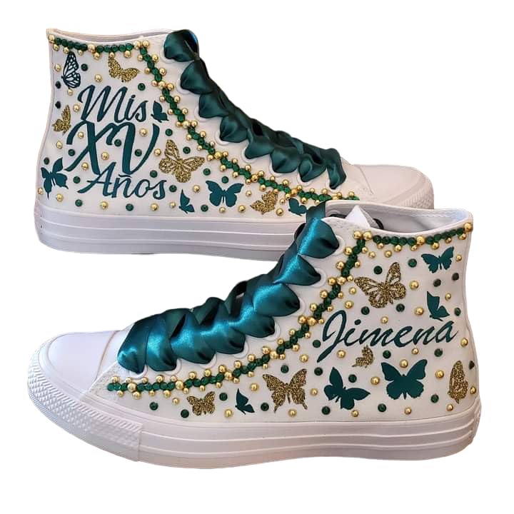 Custom Quinceañera Sneakers for 15th Birthday - High Top Blue Canvas Shoes with Butterfly Print - Perfect for Sweet 15 Parties, Photo Shoots & Special Celebrations