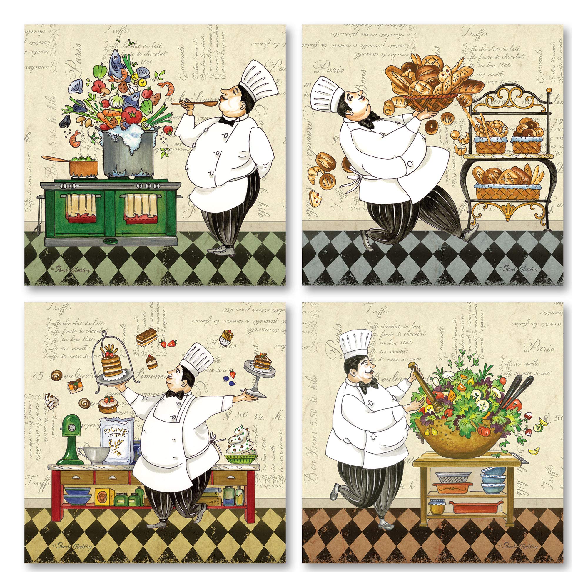 Vintage Chef Art Prints Set of 4 - 8x8 Inch Kitchen Wall Decor for Soup, Salad, Pastry & Bread Lovers - Ready to Hang Retro Culinary Art - Perfect for Home Kitchen, Restaurant & Cafe Decor