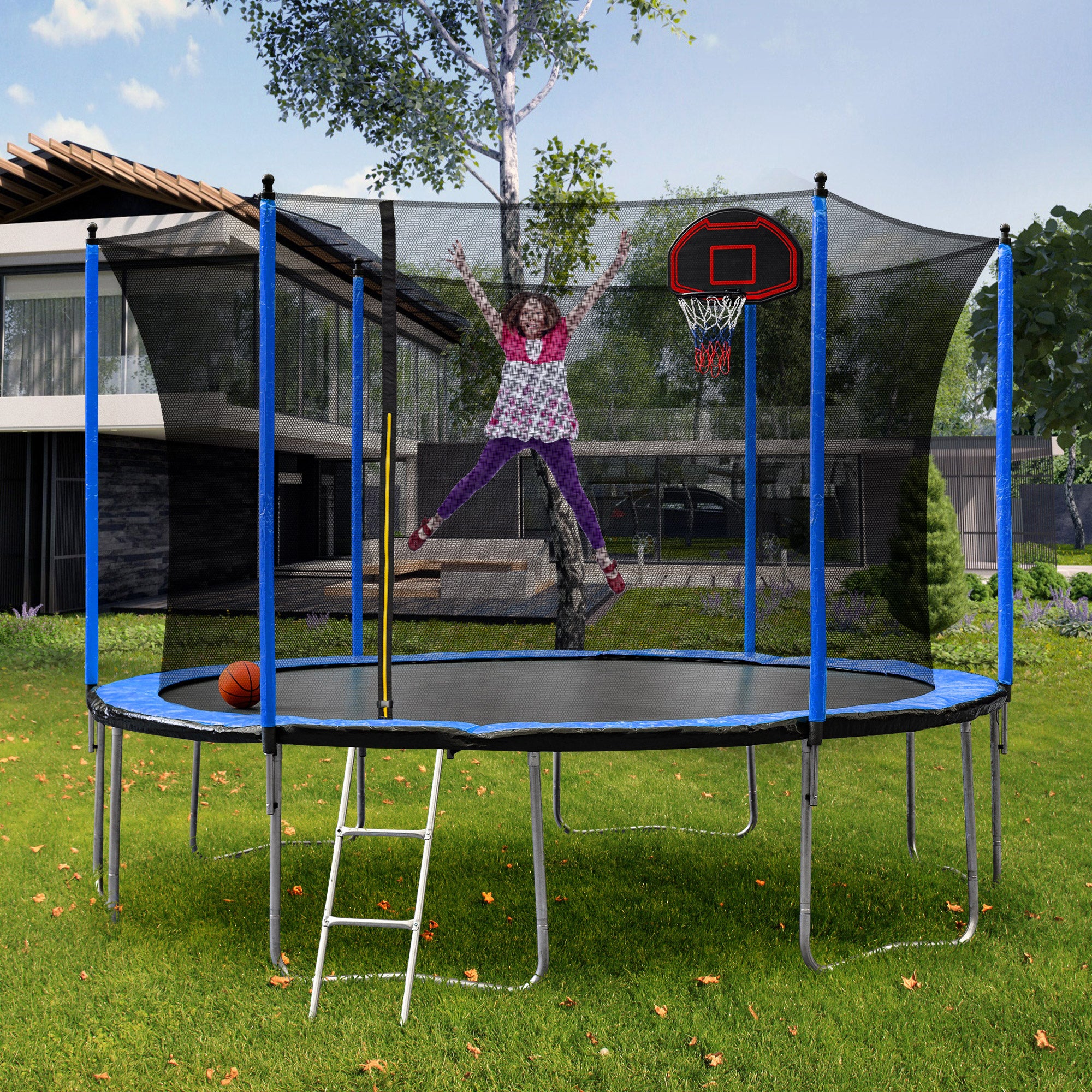 15FT Trampoline with Basketball Hoop, Air Pump & Ladder - Blue Safety Enclosure for Outdoor Family Fun & Backyard Exercise