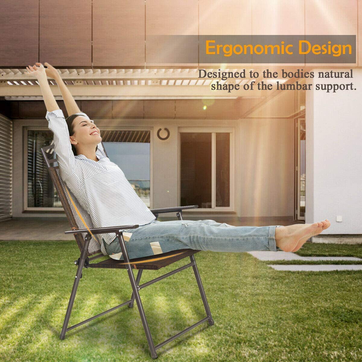 ARLIME 4-Pack Folding Steel Chairs with Armrest & Footrest - Portable Indoor Outdoor Sling Chairs for Patio, Camping, Deck, Garden, Pool & Backyard Use - Heavy Duty Durable Dining Chairs for Home & Commercial Settings