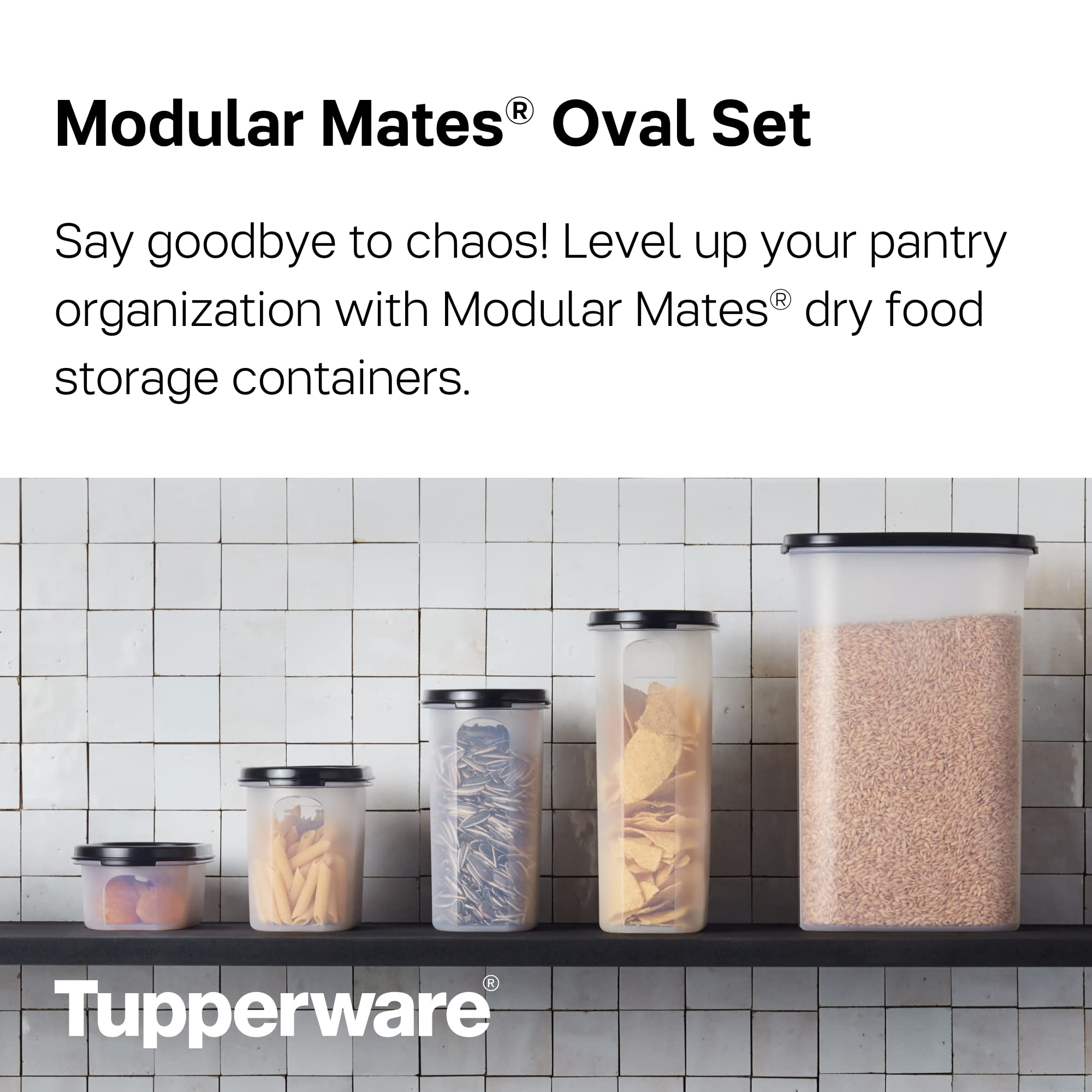 Tupperware Modular Mates Oval 5-Piece Food Storage Container Set with Lids (2 Cup, 4.75 Cup, 7.25 Cup, 9.75 Cup & 12.25 Cup) - Airtight, BPA Free, Dishwasher Safe Kitchen Organizers for Flour, Sugar, Cereal, Pasta & Dry Food Pantry Storage