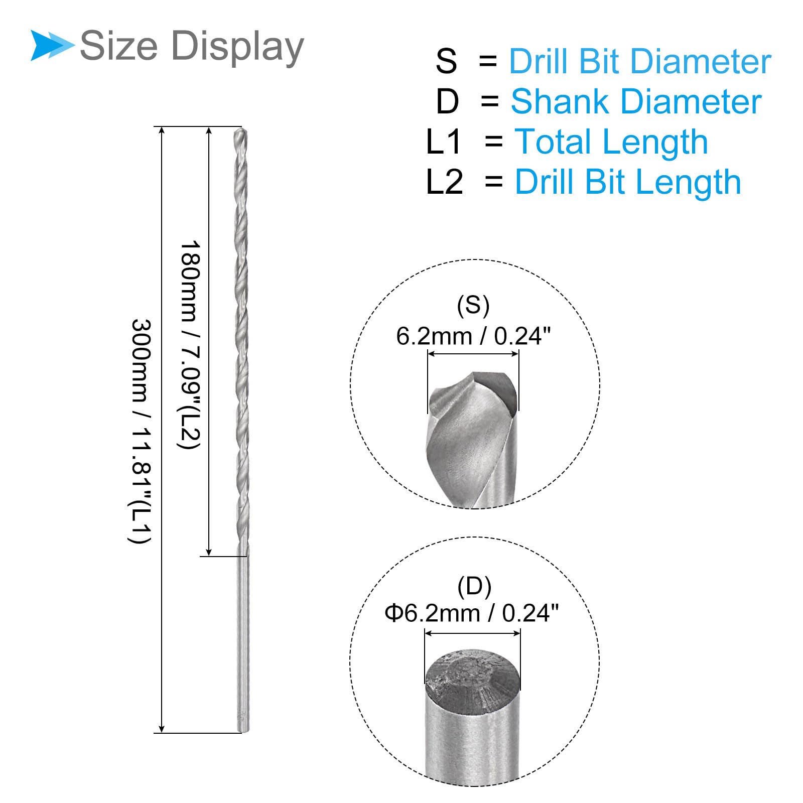 6.2mm x 300mm Extra Long High Speed Steel Twist Drill Bit for Metal, Wood, Copper - Perfect for Deep Hole Drilling in DIY Projects and Professional Woodworking