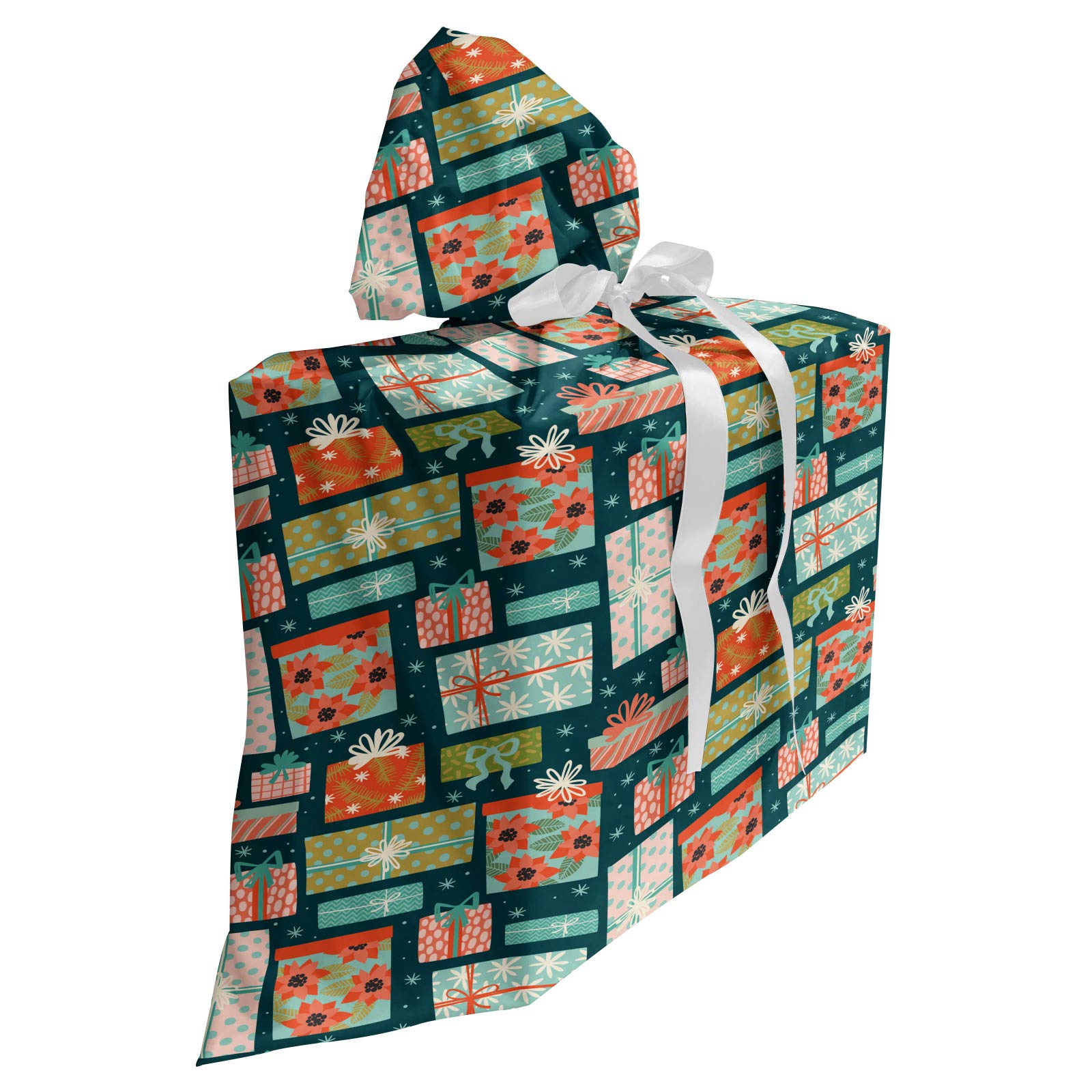 Ambesonne Christmas Gift Bags - Colorful Holiday Present Boxes with Floral Design, Fabric Party Favor Pouches with 3 Ribbons (27