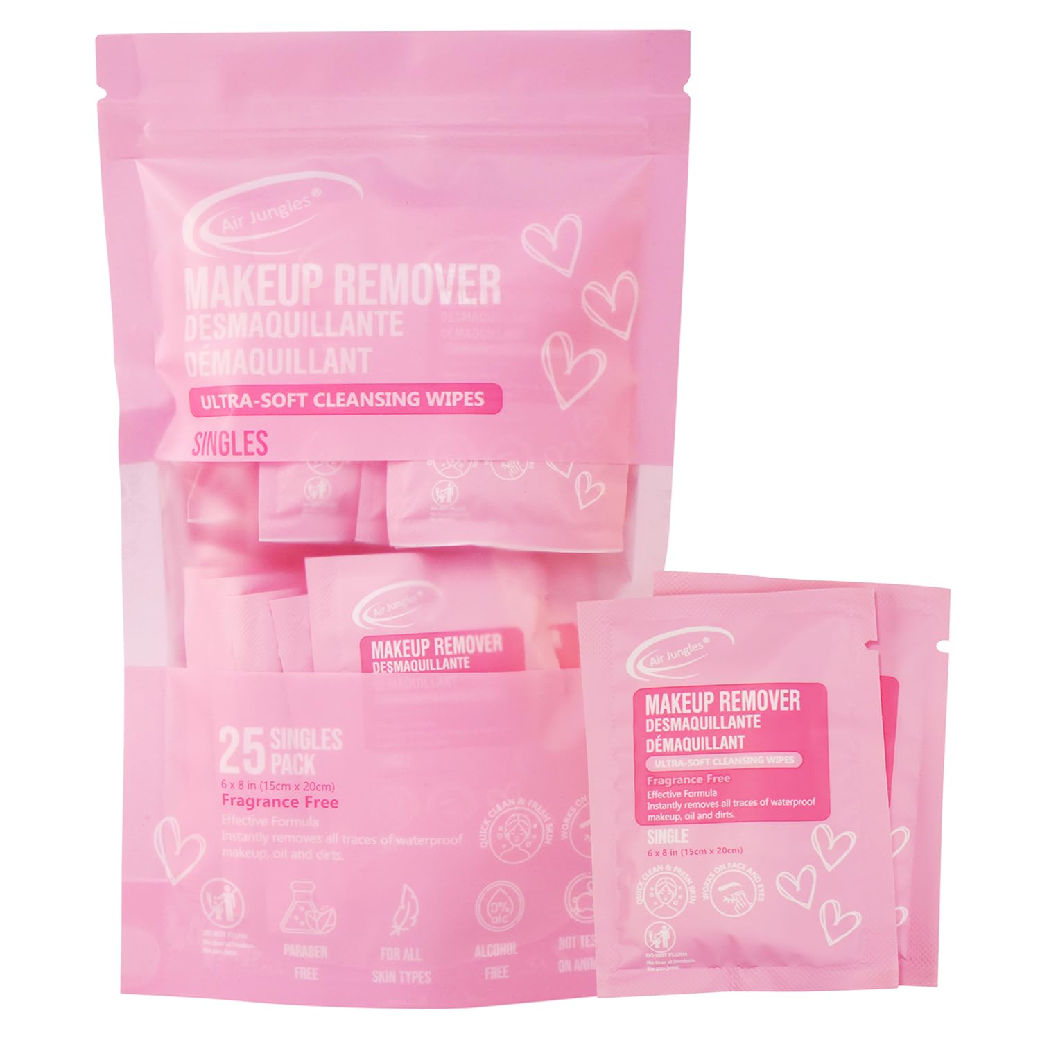 Air Jungles Fragrance-Free Makeup Remover Wipes - 25 Extra Large Singles (6