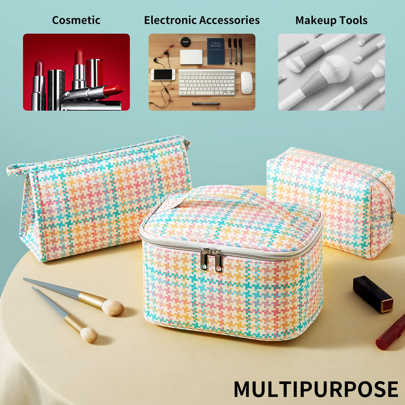 Cute Pink Tetris Makeup Bag Set - 3 Piece Small Cosmetic Bags for Women | Travel Toiletry Organizer for Makeup, Jewelry & Essentials | Perfect for Vacation, Gym & Daily Use