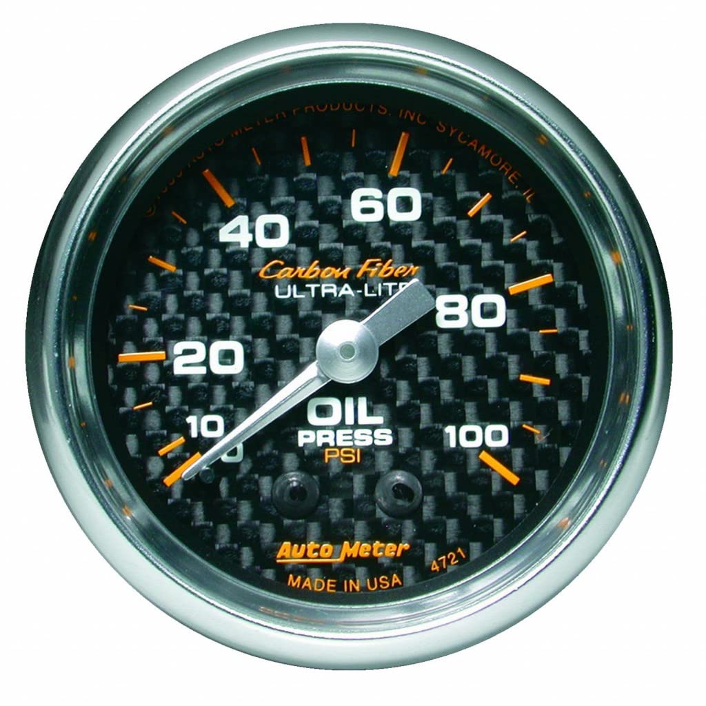 AutoMeter 52mm Carbon Fiber Mechanical Oil Pressure Gauge - 100 PSI for Automotive Performance & Racing - Perfect for Engine Monitoring & Vehicle Diagnostics