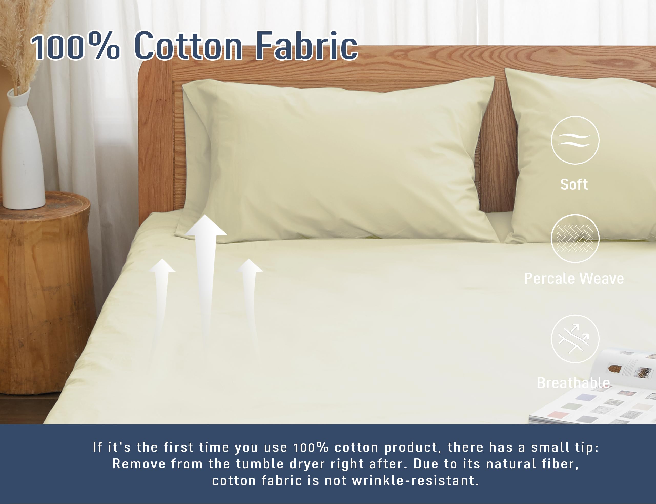 Premium Cotton Percale Pillowcases Set of 2 - Standard/Queen Size 20x30 Inches, Breathable & Hypoallergenic Bedding, Pre-Shrunk for Lasting Comfort (Cream) - Perfect for Hotels, Guest Rooms & Luxury Home Decor
