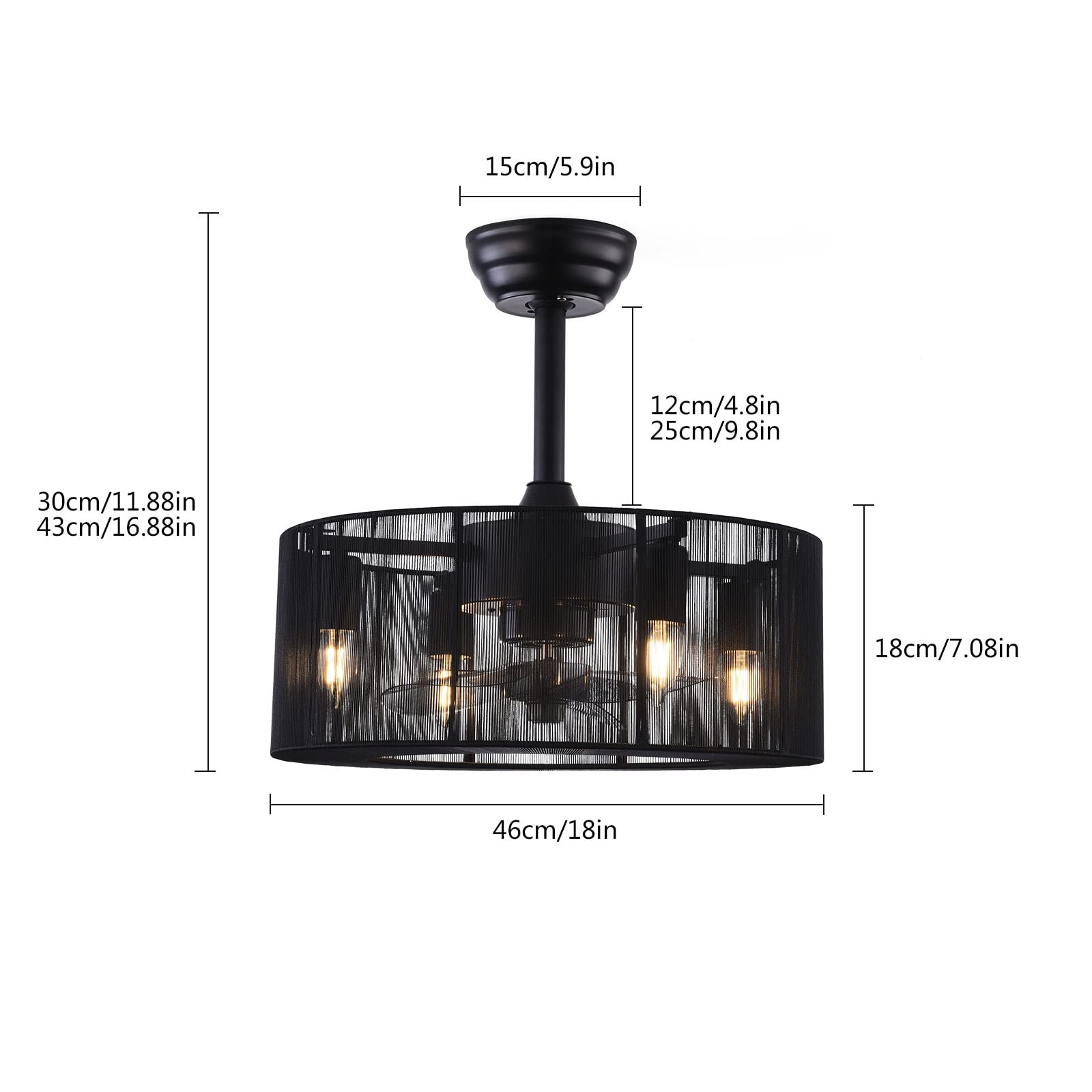 18'' Black Caged Ceiling Fan with Lights & Remote Control - 3 Speed Adjustable, 4-Light Farmhouse Style, Semi-Flush Mount for Low Ceilings - Perfect for Indoor Living Room, Bedroom, Kitchen & Patio Use