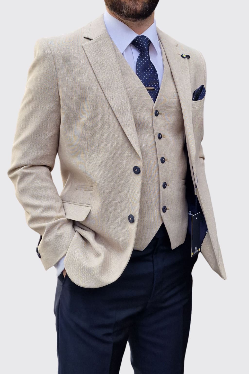 Cavani Miami Beige 3-Piece Suit with Navy Trousers for Men | Formal Business Attire | Perfect for Weddings, Office Meetings & Special Events