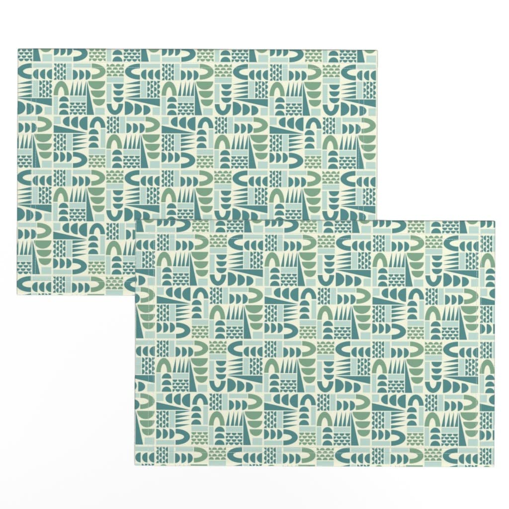 Retro Mod Cool Blue Geometric Abstract Print Linen Cotton Canvas Placemats (Set of 2) - Modern Turquoise Table Decor for Dining, Kitchen, or Party Settings