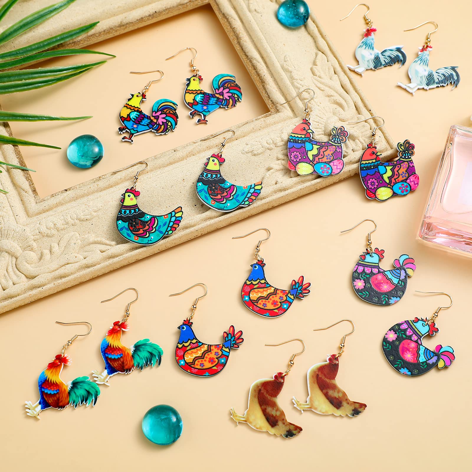 Nosiny 8 Pairs Acrylic Hen Chicken Earrings - Funny Animal Rooster Drop Dangle Earrings for Women, Cute Farm Chicken Jewelry Gift for Ladies | Perfect for Farm-Themed Parties, Country Fashion, and Funny Gift Giving