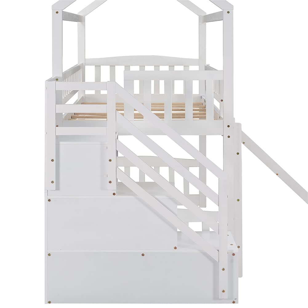 Twin Loft Bed with Staircase Storage Steps & Slide - Pinewood House-Shaped Bed Frame with Ladder & Guardrails - White Kids Bedroom Furniture for Small Spaces & Playrooms