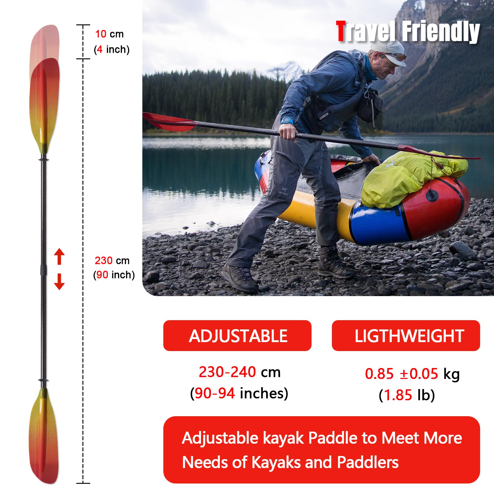 Premium Carbon Fiber Kayak Paddles with Gradient Fiberglass Blades - 3-Piece Adjustable Floating Oars (230-240cm/90-94in) for Touring, Fishing & Recreational Kayaking