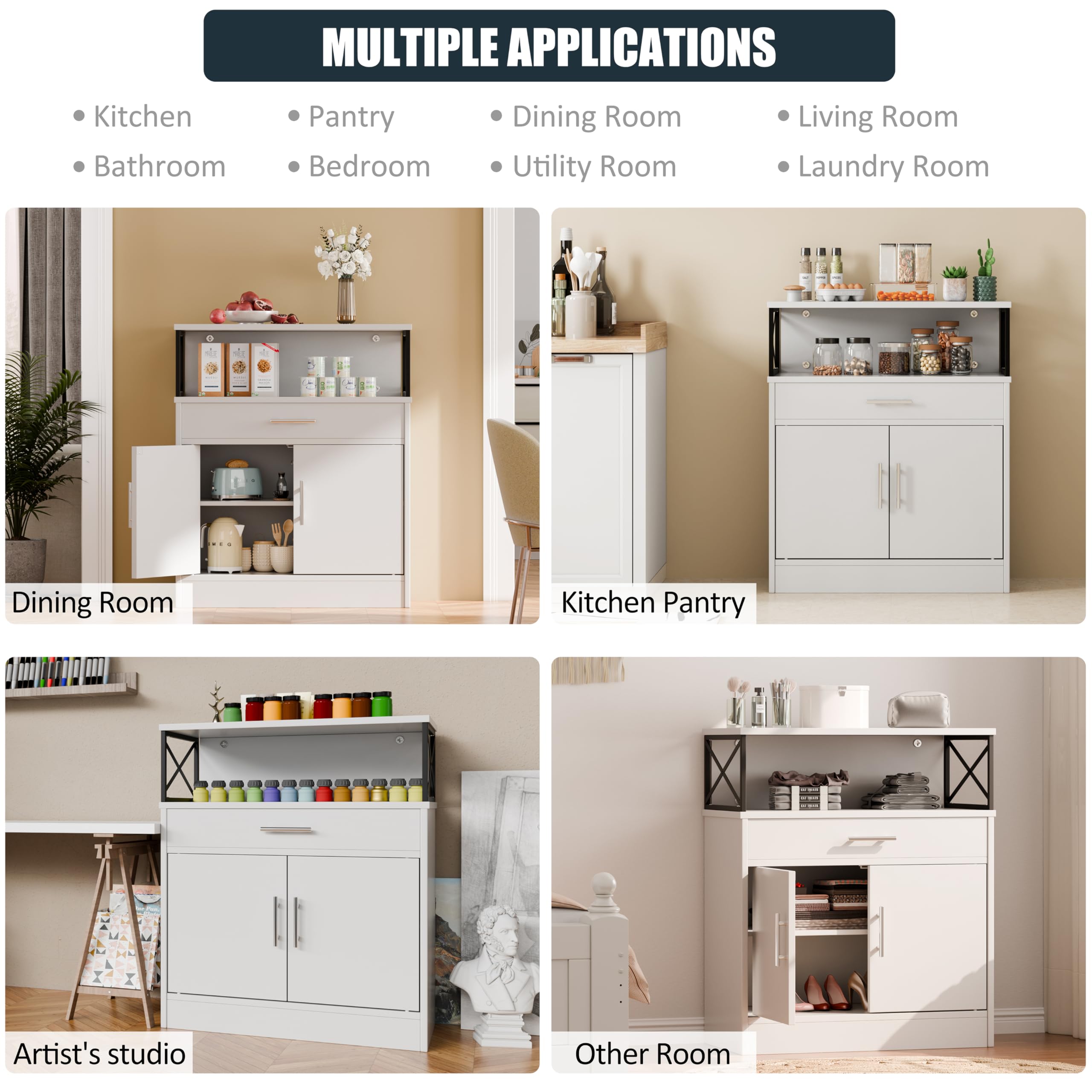 SUNLEI White Farmhouse Kitchen Buffet Cabinet with 2 Doors, 1 Drawer & Adjustable Shelves - Storage Sideboard for Dining Room, Living Room & Laundry - Perfect for Coffee Bar Setup & Home Organization