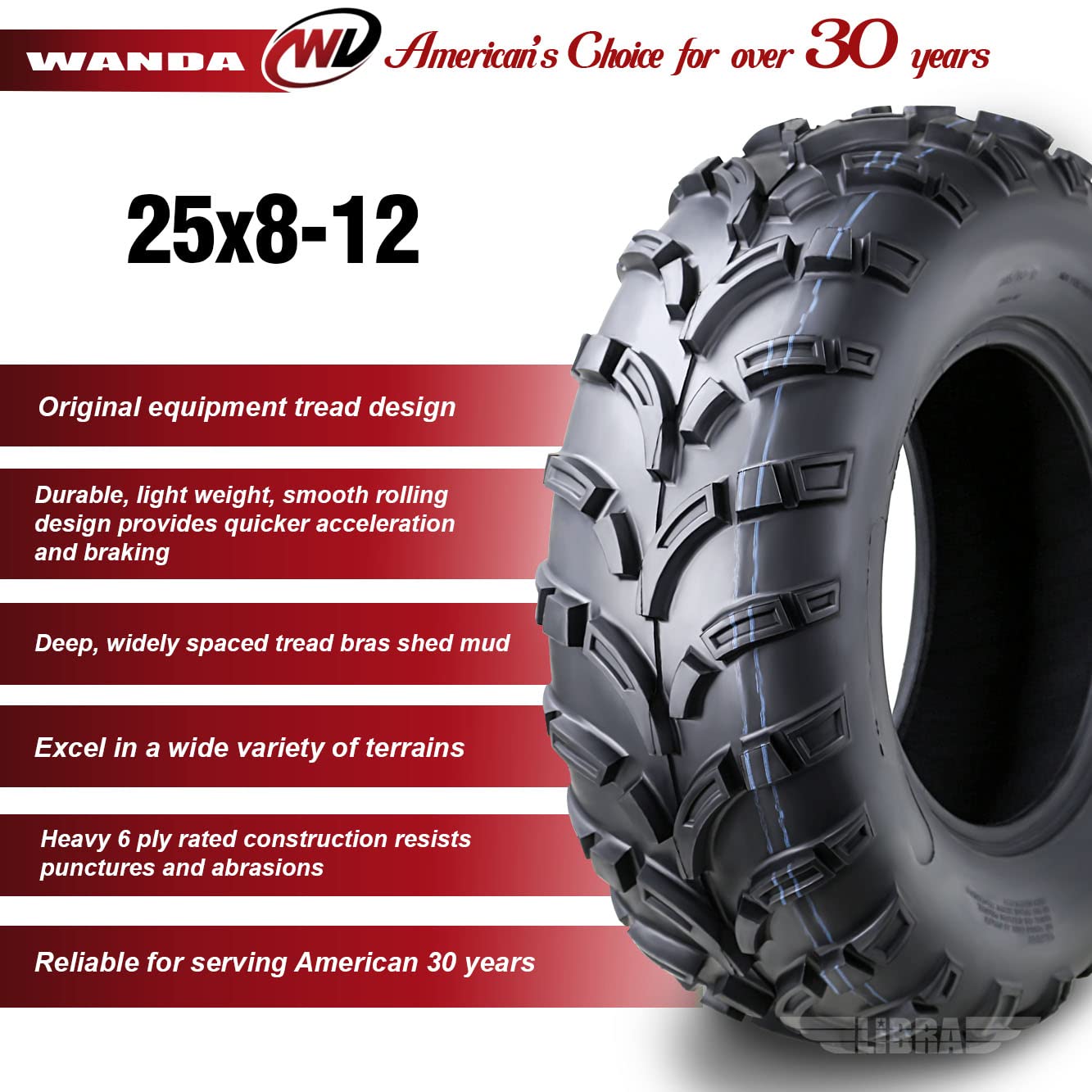 WANDA 25x8-12 ATV/UTV 6-Ply Light Mud Tires - Set of 2 (10243) - Perfect for Off-Roading, Trail Riding & Mud Adventures