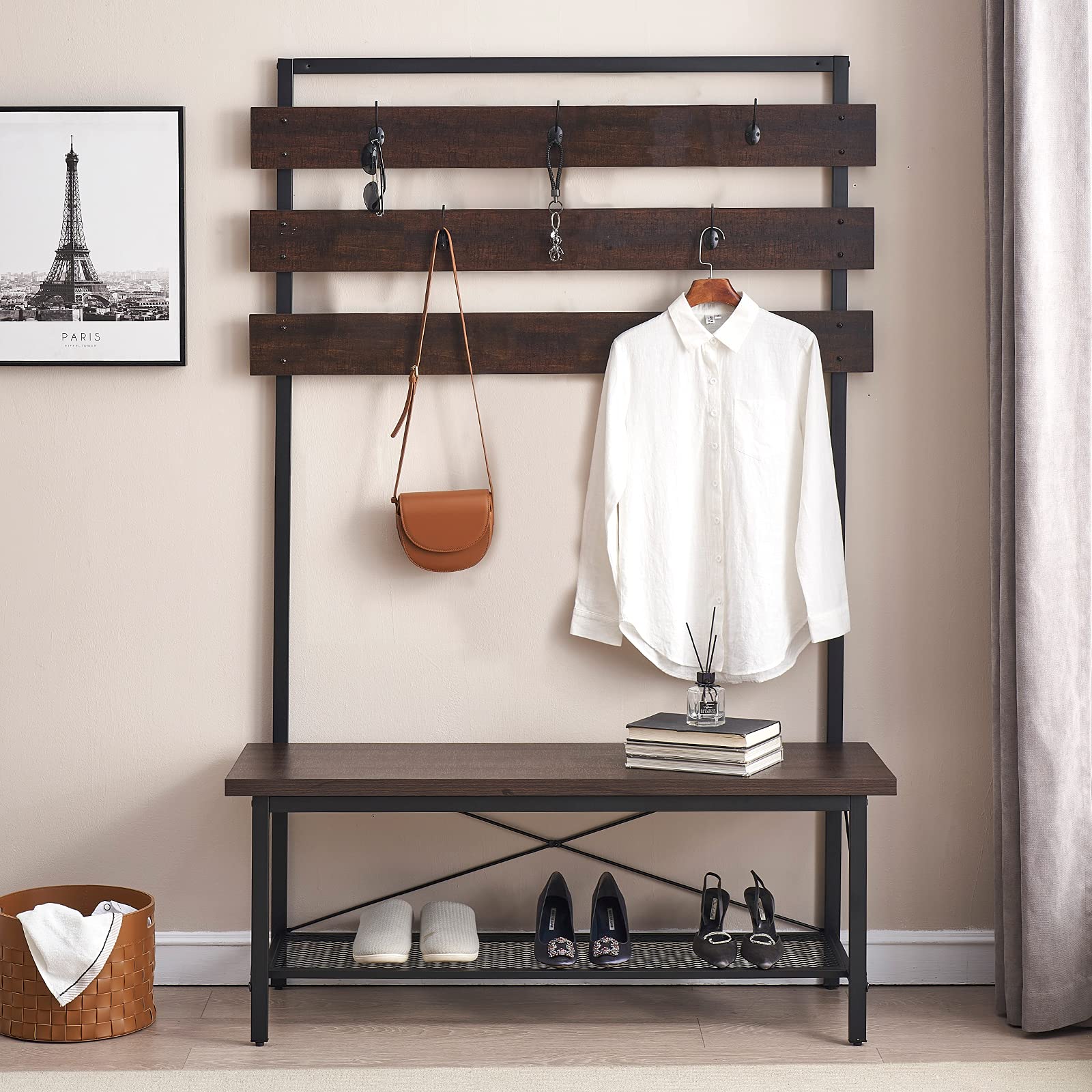 FELLYTN Small Hall Tree with Shoe Storage - Wood & Metal Coat Rack with Bench, Entryway Organizer Shelf - Espresso Accent Furniture (31.5x71 Inch) - Perfect for Entryway, Mudroom & Small Space Organization