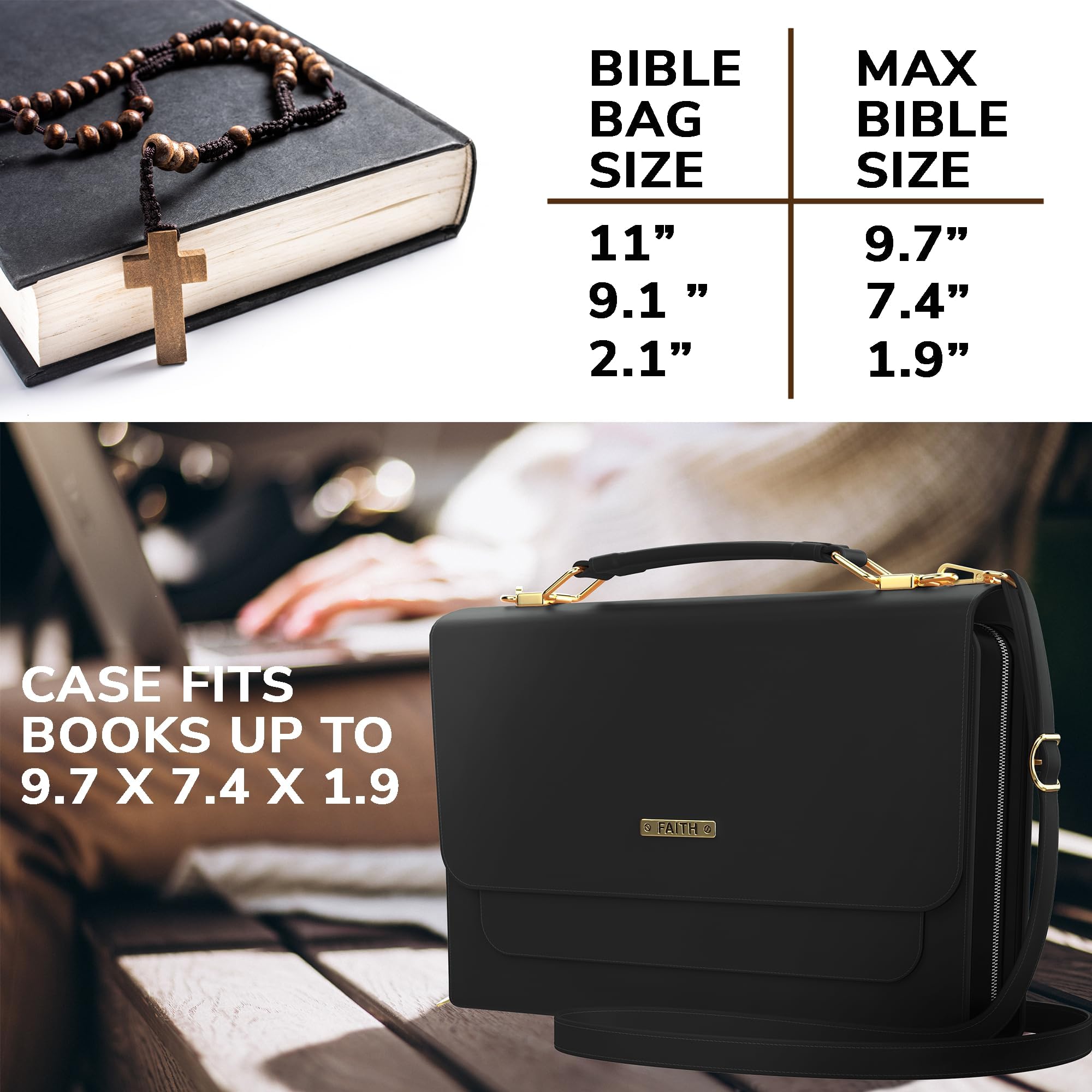 DEHITE Premium PU Leather Bible Cover for Women - Zippered Pocket & Pen Slots Bible Carrying Bag with Adjustable Shoulder Strap - Perfect Christian Gift for Church, Bible Study & Travel