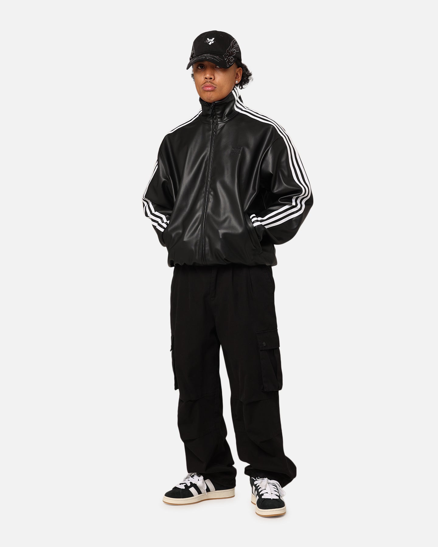 Adidas Faux Leather Adicolor 3-Stripes Firebird Track Jacket for Men & Women - Black Loose Fit Tracksuit Top for Running, Gym & Streetwear Fashion