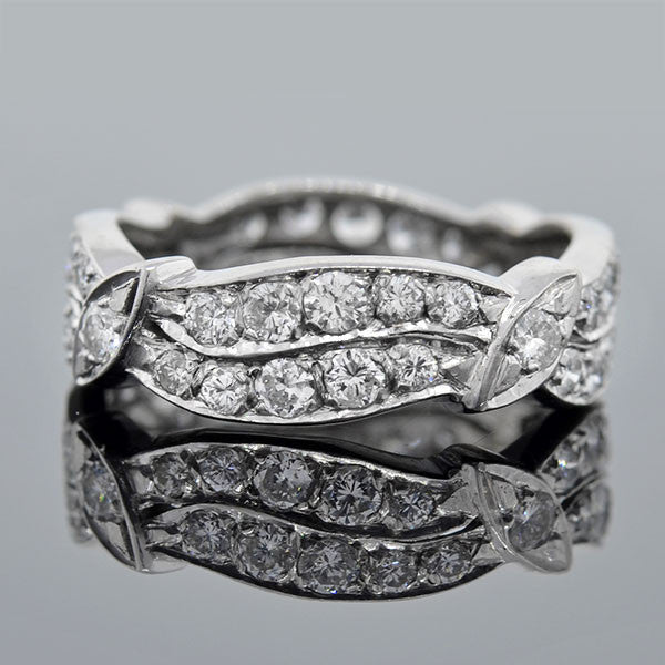 Retro Platinum Diamond Wavy Double Band Ring 1.30ctw - Vintage Inspired Wedding Band, Anniversary Gift for Her, Elegant Jewelry for Special Occasions