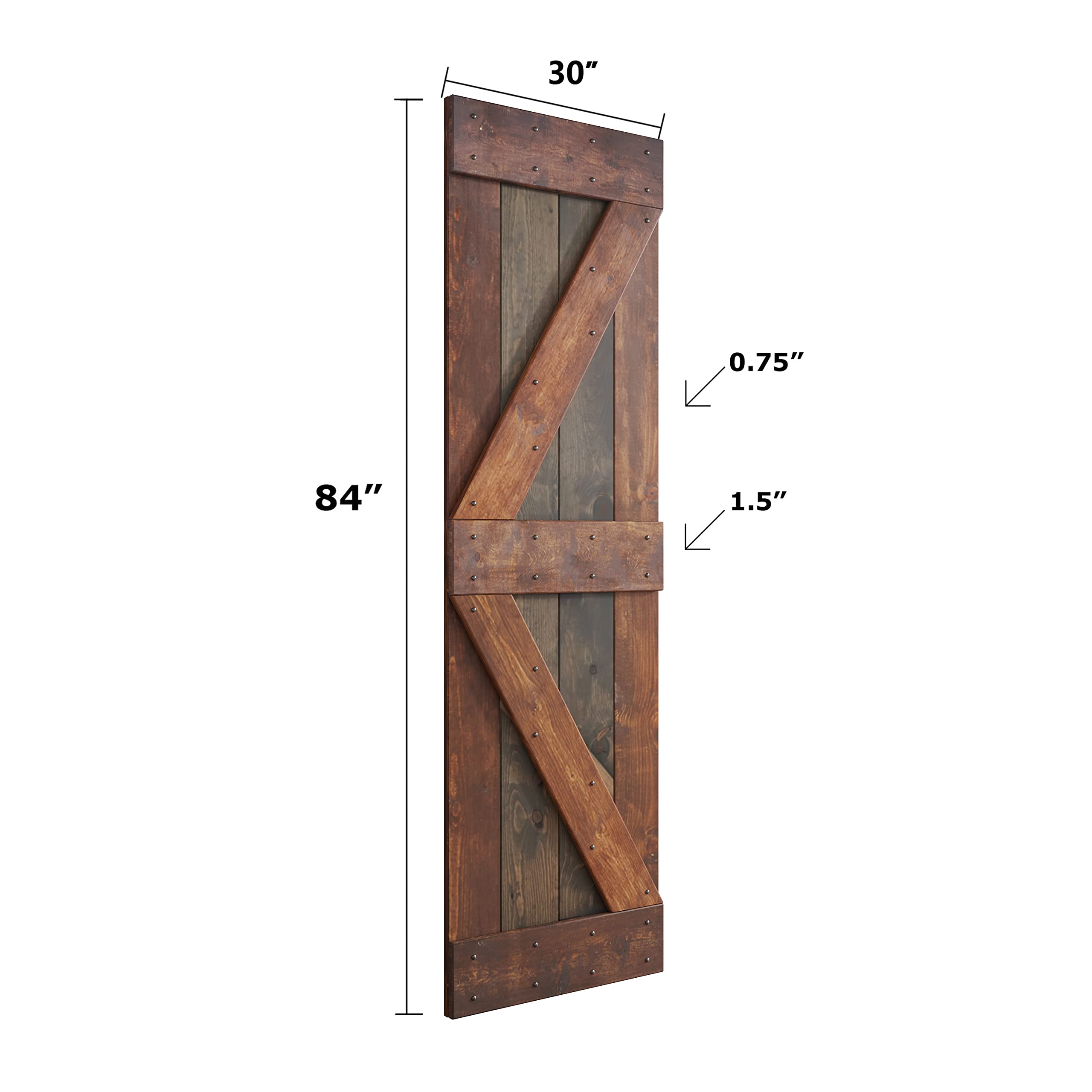 30 in x 84 in Knotty Pine Wood Sliding Barn Door with Hardware Kit - Aged Barrel & Dark Walnut Finish | Rustic Farmhouse Style Interior Door for Bedroom, Closet, or Living Room Partition