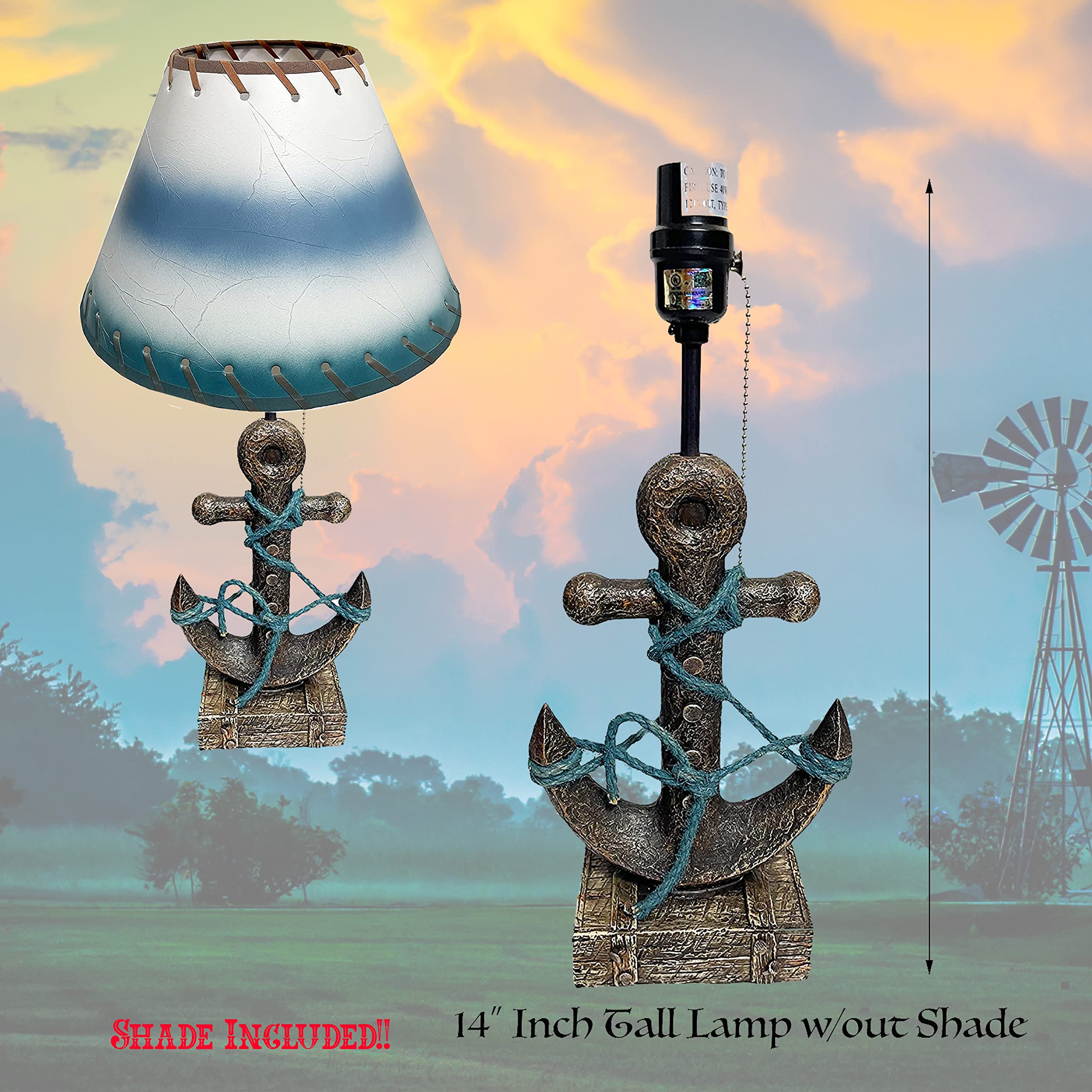 Urbalabs Nautical Anchor Ship Wheel Table Lamp - Ocean Themed End Table & Nightstand Light for Living Room, Bedroom, Office Decor | Coastal Beach House Lighting for Home & Marine Theme Interiors