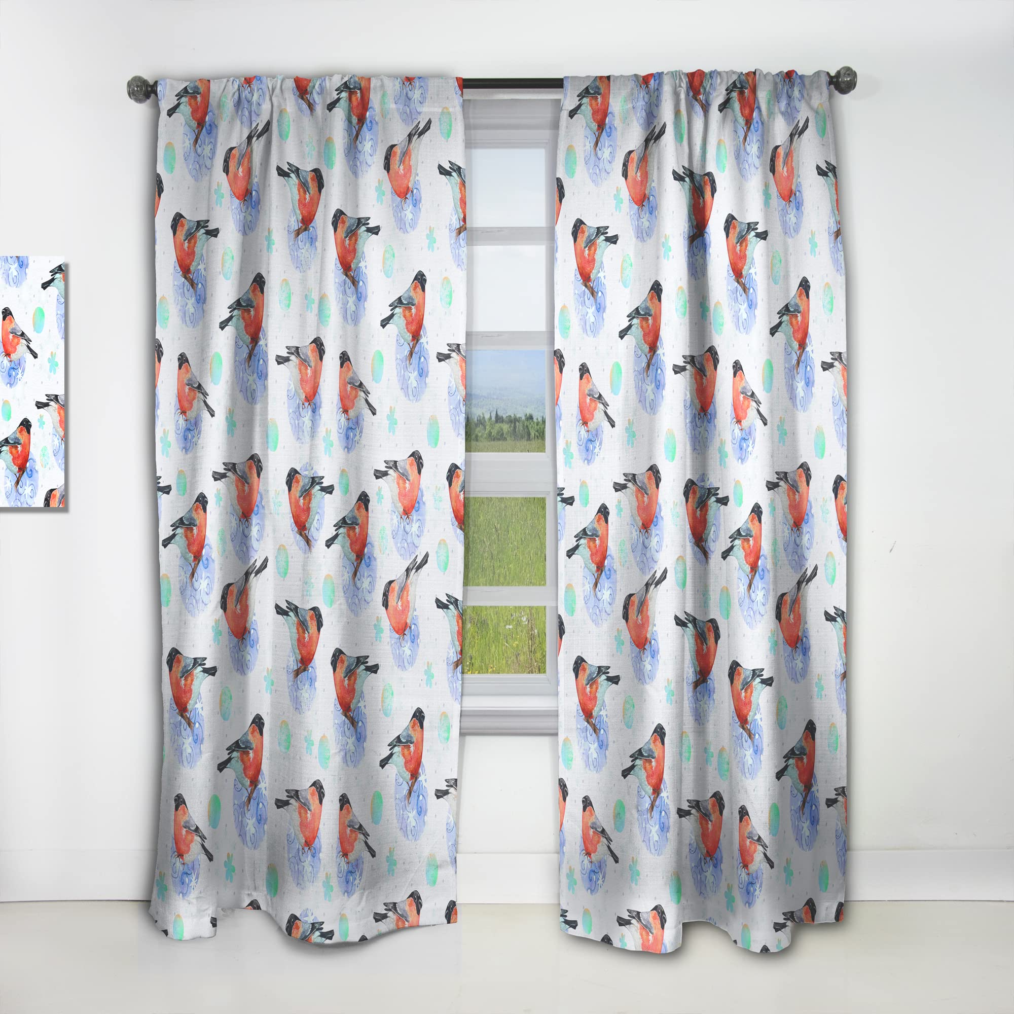 DesignQ Thermal Insulated Curtains - 'Bullfinch Bird on Abstract Doodle Circles' Single Panel (52x120 inches) - Blackout Drapes for Bedroom & Living Room - Perfect for Home Decor, Privacy & Energy Efficiency
