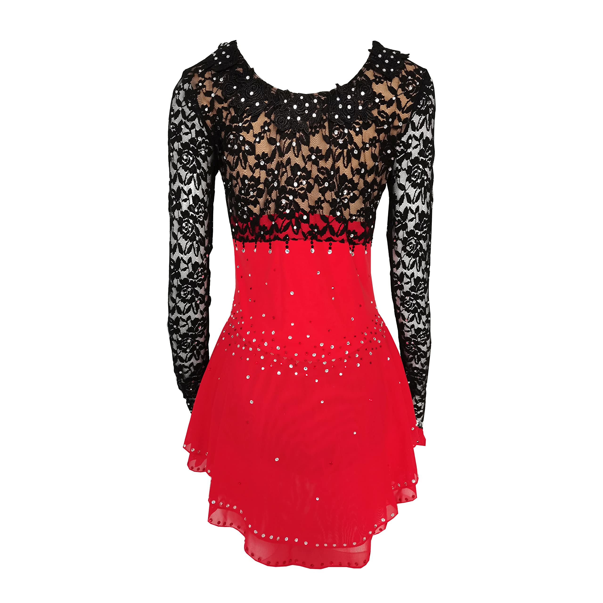 Elegant Black and Red Lace Long Sleeve Figure Skating Dress for Girls & Women - Competition & Performance Ice Skating Outfit - Perfect for Ice Shows, Competitions, and Practice Sessions