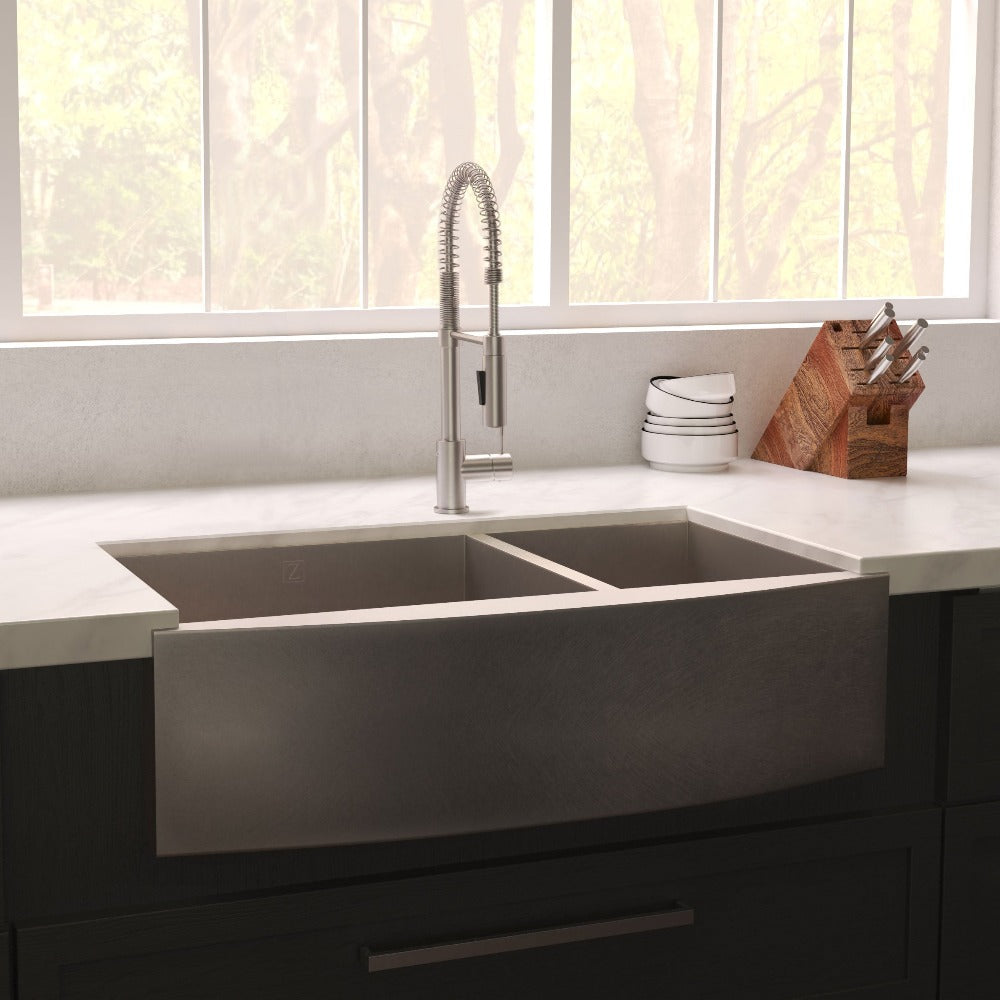 ZLINE 36-inch Farmhouse Apron Front Double Bowl Stainless Steel Kitchen Sink with Bottom Grid - SA60D 36S - Durable & Stylish for Modern Kitchens, Perfect for Cooking, Washing Dishes & Food Prep