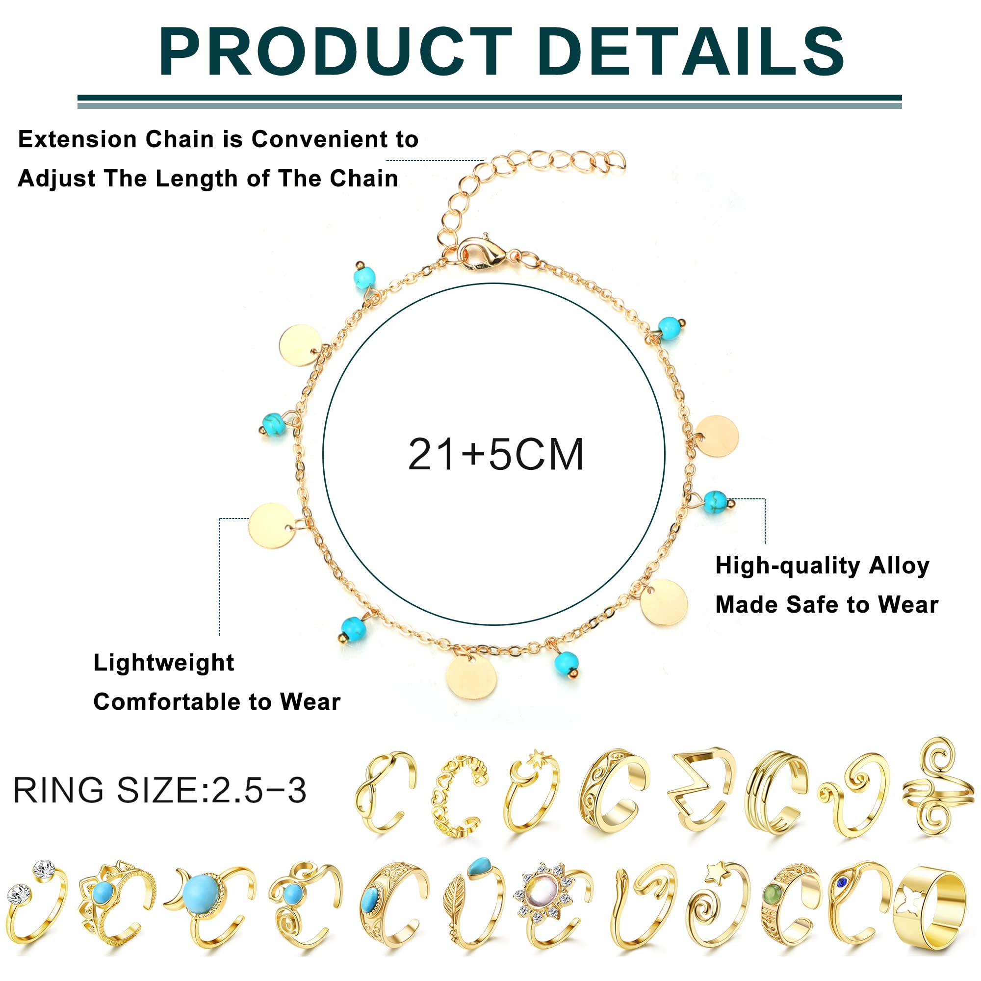 JOERICA 25 Pcs Adjustable Turquoise Toe Rings & Ankle Bracelets for Women - Gold & Silver Bohemian Anklets, Open Toe Jewelry for Beach, Summer & Festival Outfits