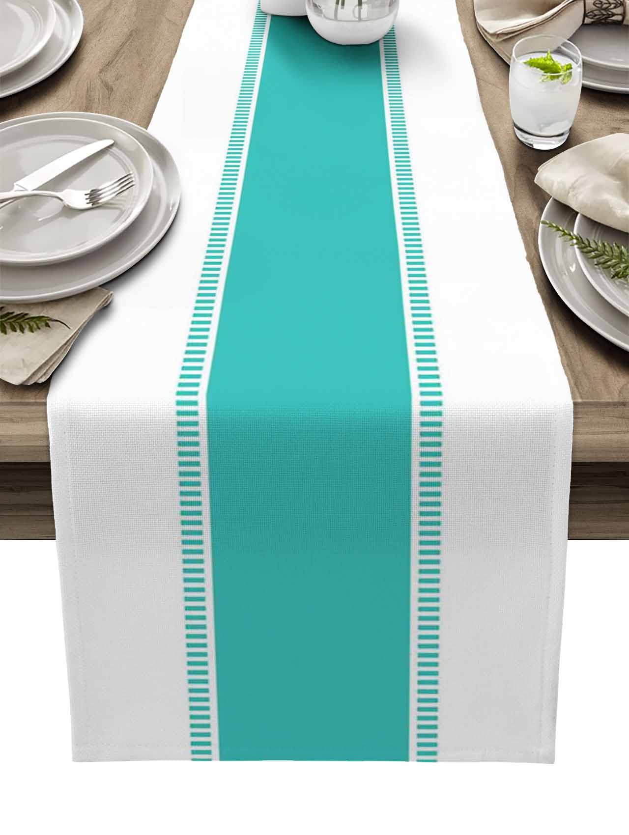 Non-Slip Striped Teal Table Runner 70 Inches - Farmhouse Kitchen Dining Decor for Coffee Table, Holiday Party & Wedding - Decorative Dresser Scarf for Home & Event Decor