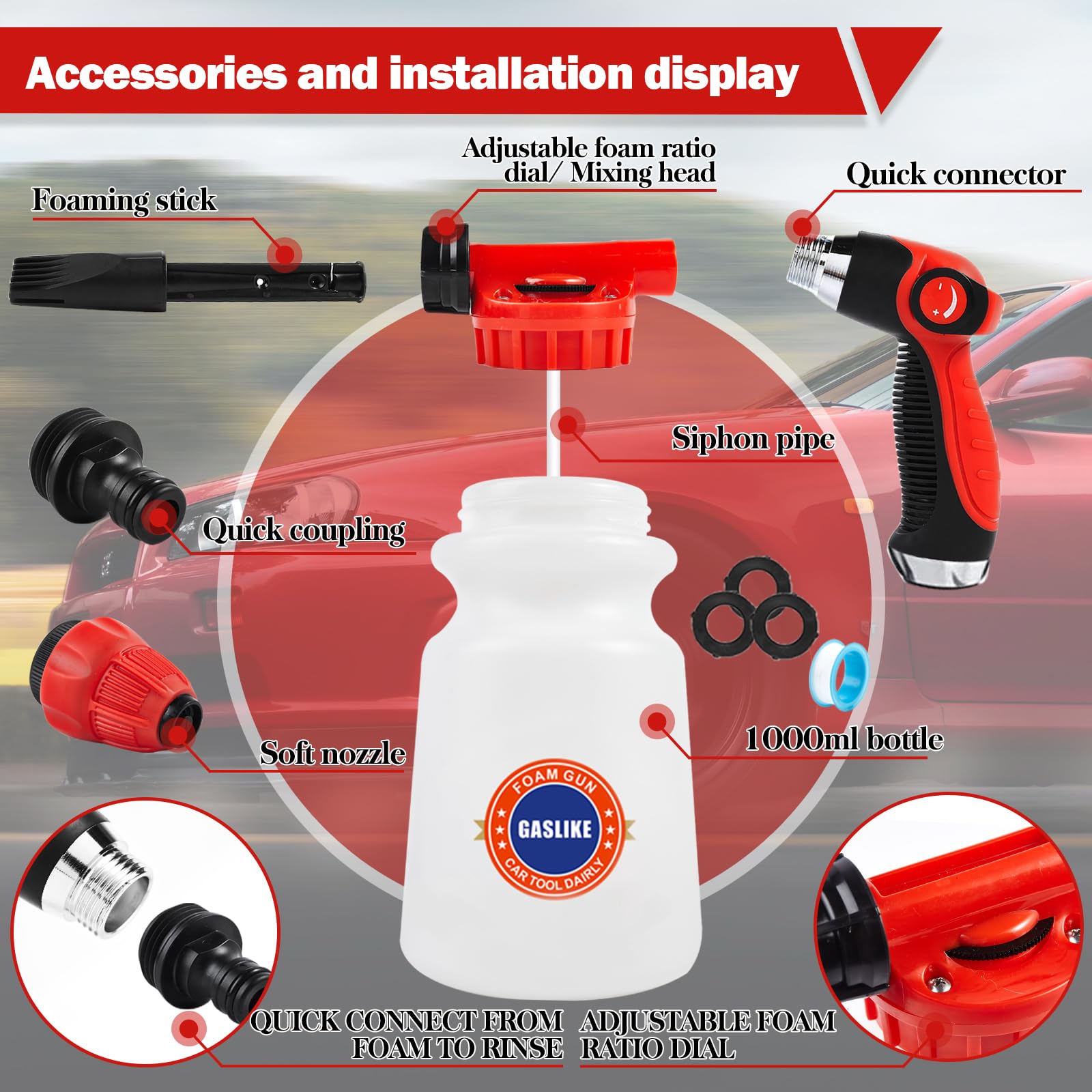 56Pcs Car Wash Cleaning Kit with Foam Gun, Long Handle Brush, Wheel Brush & Adjustable Hose Sprayer - Complete Auto Detailing Set for Home & Professional Use - Perfect for Car, Truck & RV Cleaning