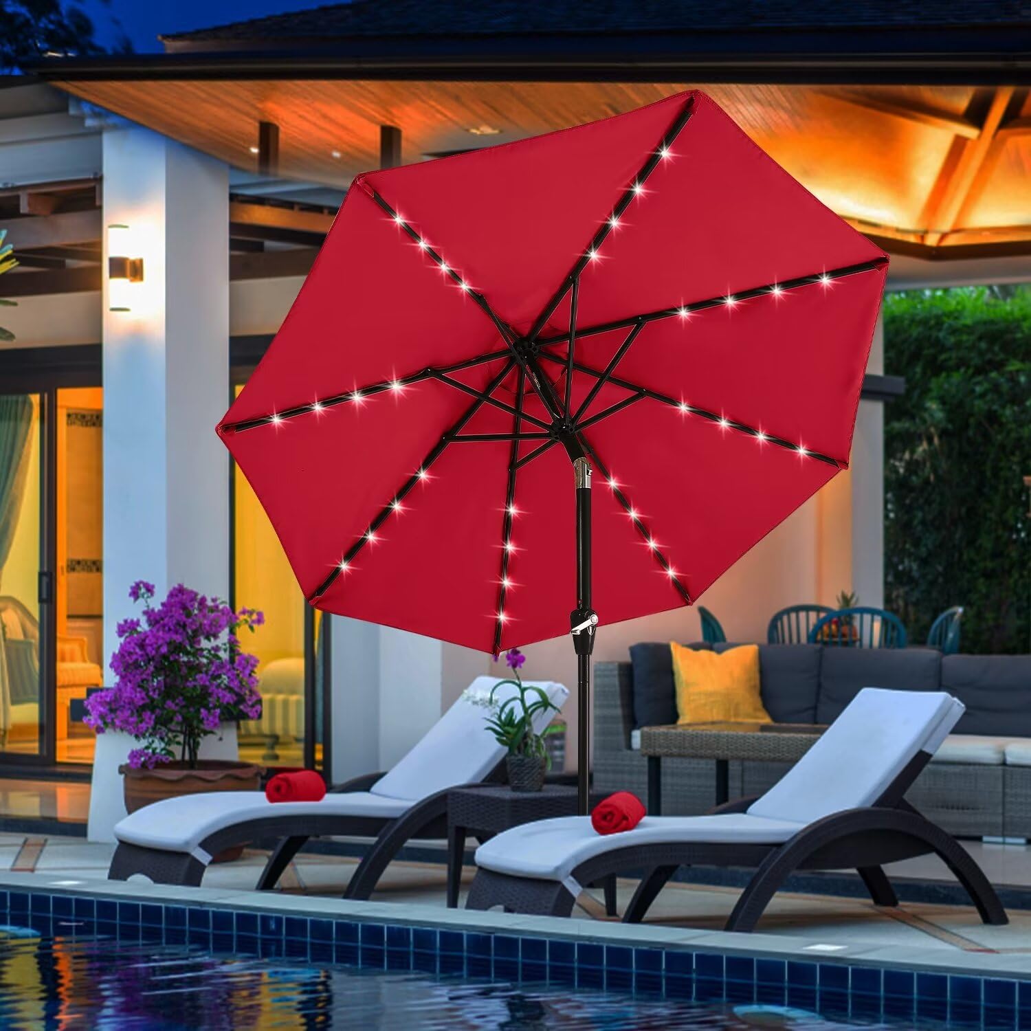 Durable 11FT Solar LED Patio Umbrella with 32 LED Lights - Red | Waterproof Outdoor Canopy for Garden, Poolside & Backyard Relaxation