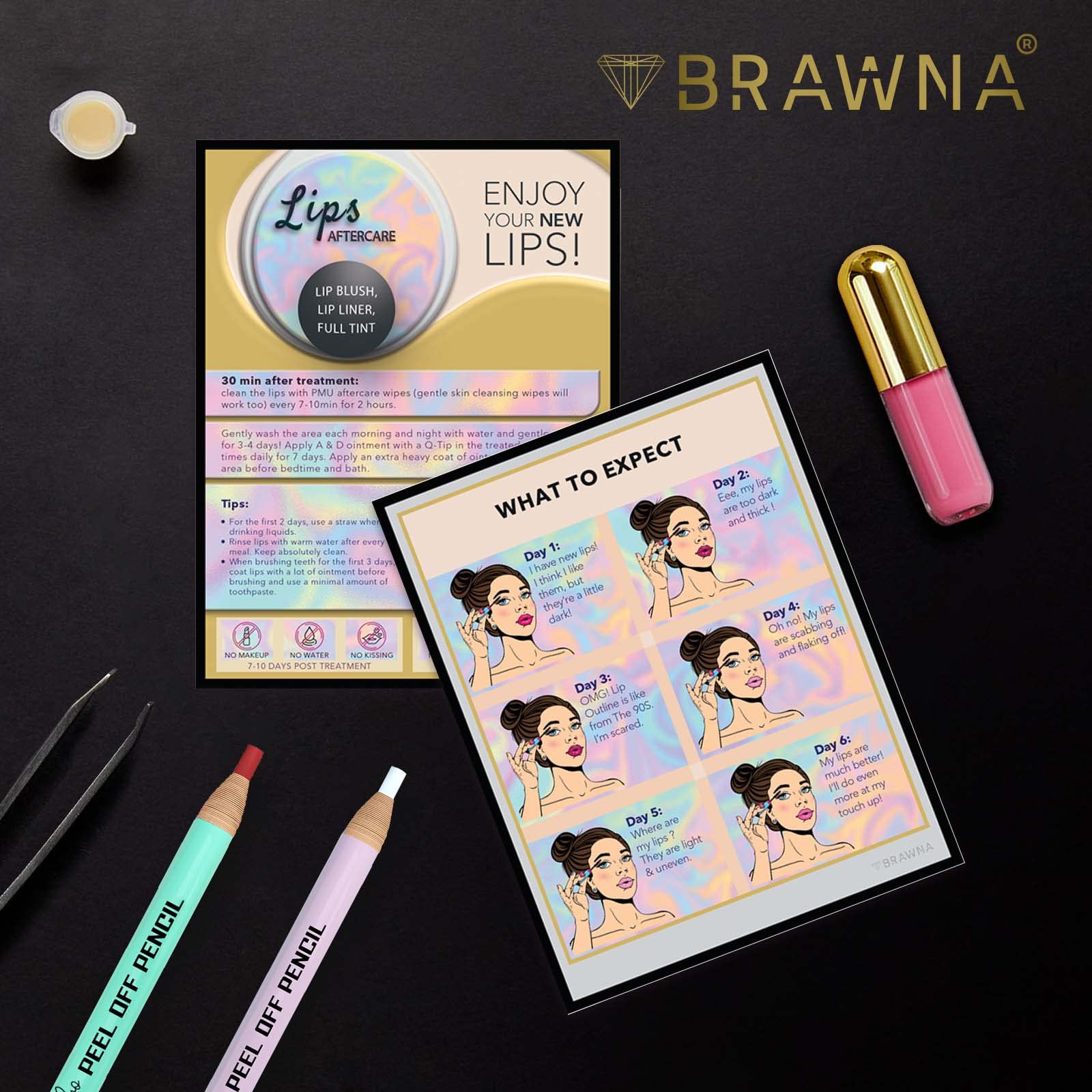 BRAWNA 50 Pack Lip Blush Aftercare Cards - Professional PMU Supplies for Lip Blushing - 5.5 x 4.25 Inches - Perfect for Tattoo Artists & Beauty Salons