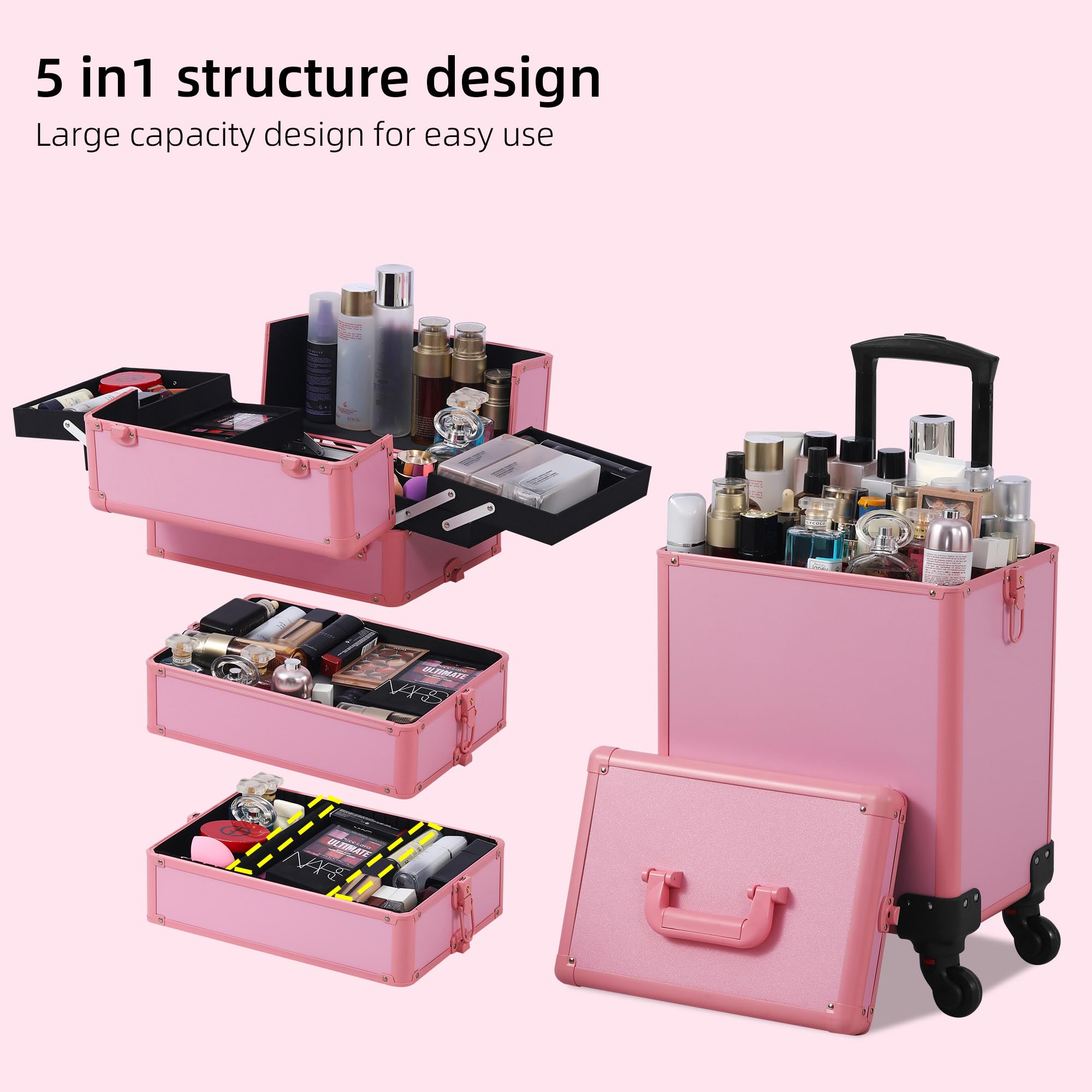 Professional Rolling Makeup Train Case with Lid - 5-in-1 Cosmetic Organizer on Wheels for Salon, Barber & Travel | Large Pink Cosmetology Case | Perfect Christmas Gift for Makeup Artists & Stylists