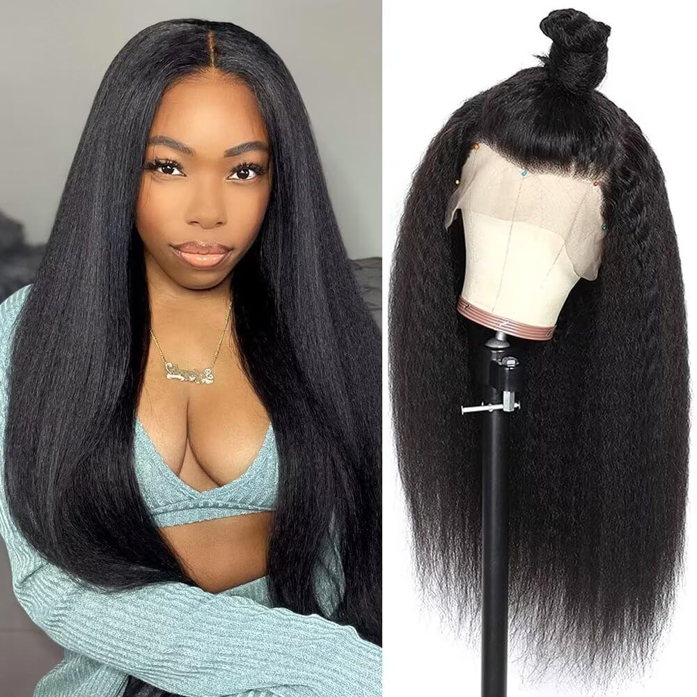 13x4 HD Lace Front Wigs Human Hair - Yaki Straight 16 Inch Lace Frontal Wigs for Black Women | Natural Kinky Straight Human Hair Wig for Daily Wear, Parties & Special Occasions