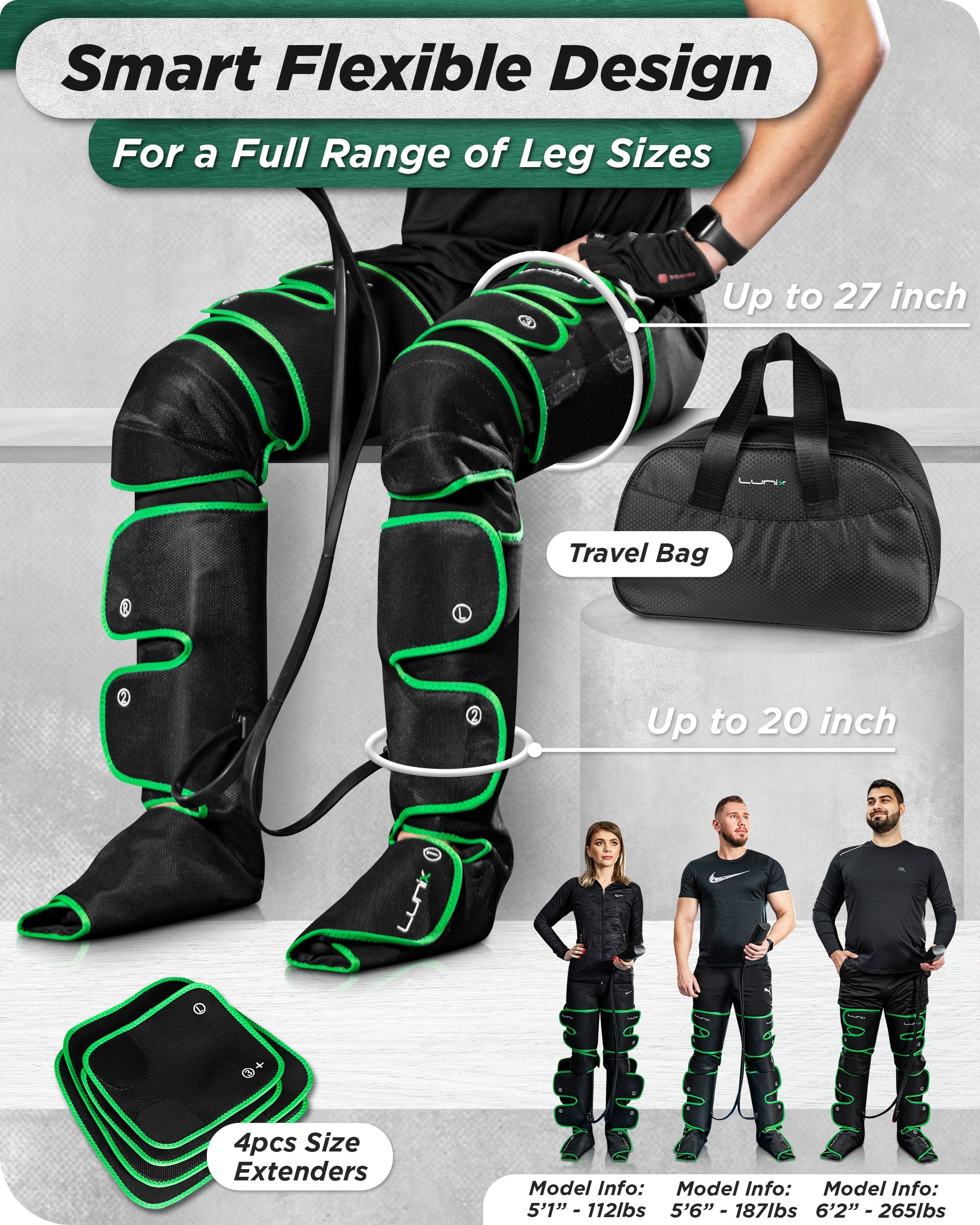 Upgraded LX10 Full Leg Compression Massager with Hot/Cold Pack - Green - Relieve Muscle Pain & Improve Circulation for Athletes & Recovery