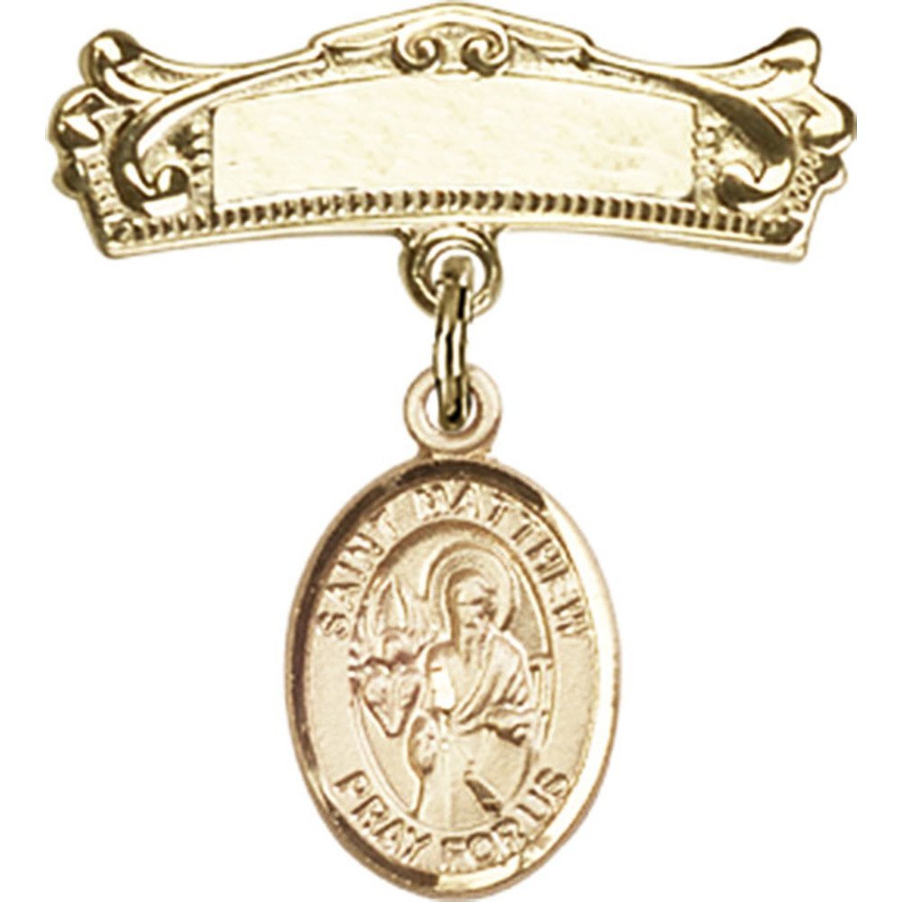 St. Matthew The Apostle Gold Filled Baby Badge Charm - 7/8 X 3/4 Inch Arched Polished Pin for Christening, Baptism & First Communion Gifts