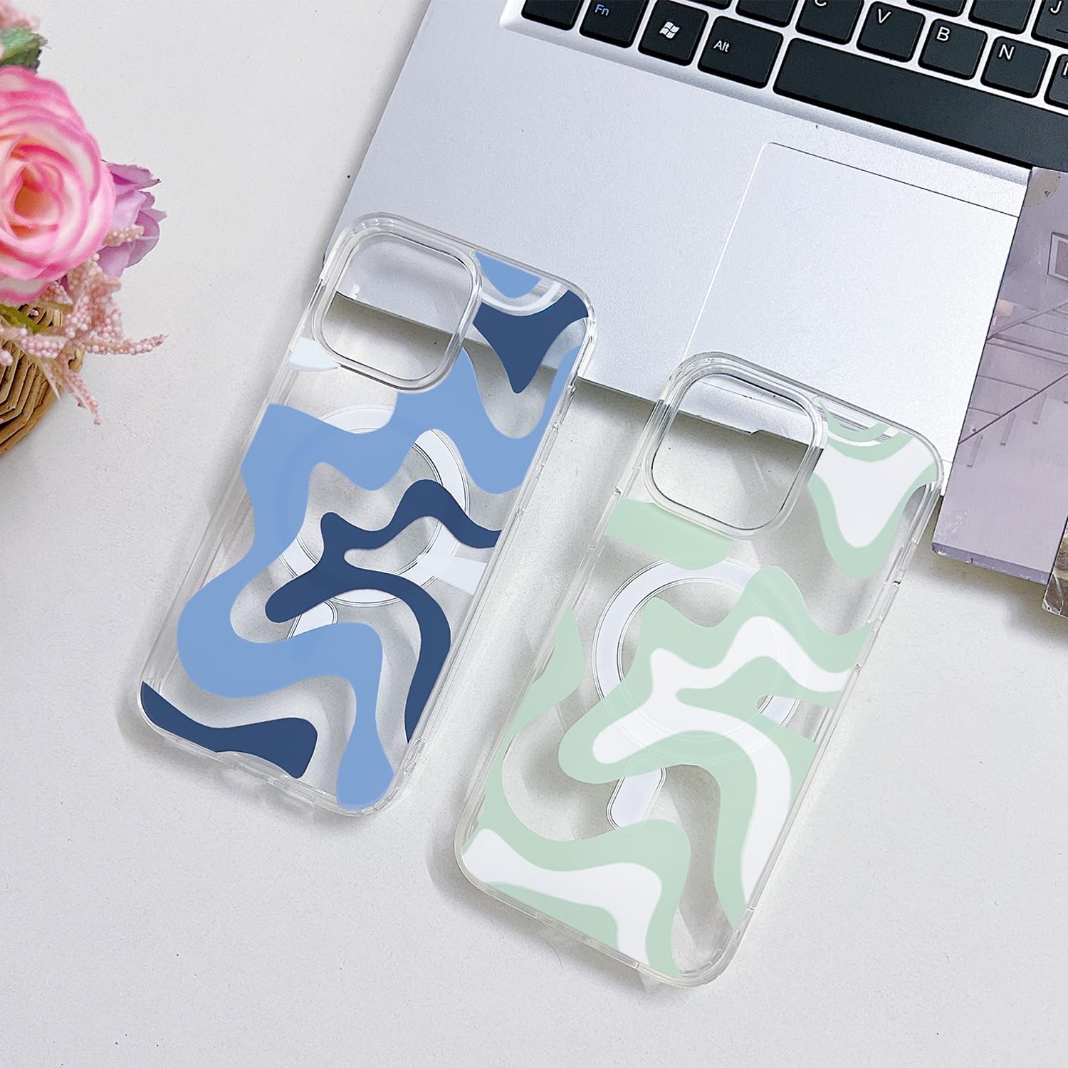 Magnetic iPhone 14 Case & iPhone 13 Case - MagSafe Compatible, Cute Wavy Art Design for Women, Soft TPU Edge with Shockproof PC Back Cover (Blue) - Perfect for Everyday Protection & Wireless Charging
