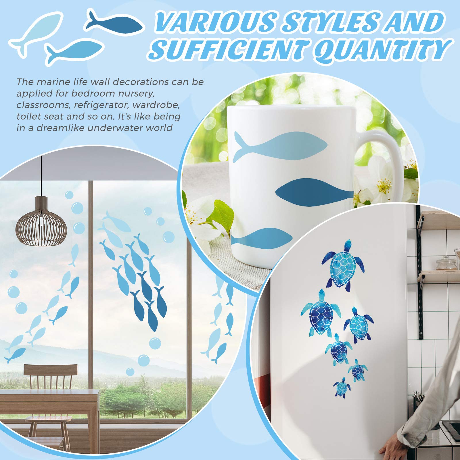 11 Sheets 3D Undersea Marine Life Wall Decals - Turtles, Sea Plants, Fish & Bubbles - Clear Vinyl Wall Stickers for Home Decor - Perfect for Bedroom, Bathroom, Living Room, Nursery & Classroom - Ocean Theme Kids Room Decor