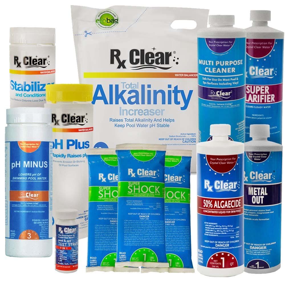 Rx Clear Deluxe Spring Chemical Opening Pool Cleaning Kit for Swimming Pools Up to 7,500 Gallons - Includes Shock, Clarifier, pH Minus & Algaecide | Maintain Crystal Clear Water | Perfect for Spring Pool Opening & Seasonal Maintenance