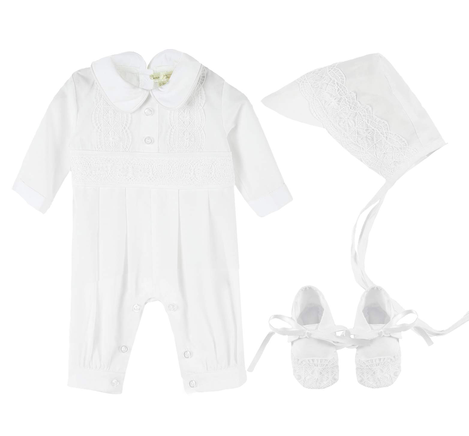 Bow Dream Baby Boy's 3-Piece Christening Outfit Set - Soft Cotton Baptism Romper, Hat & Booties for Newborn Photo Shoots & Church Ceremonies