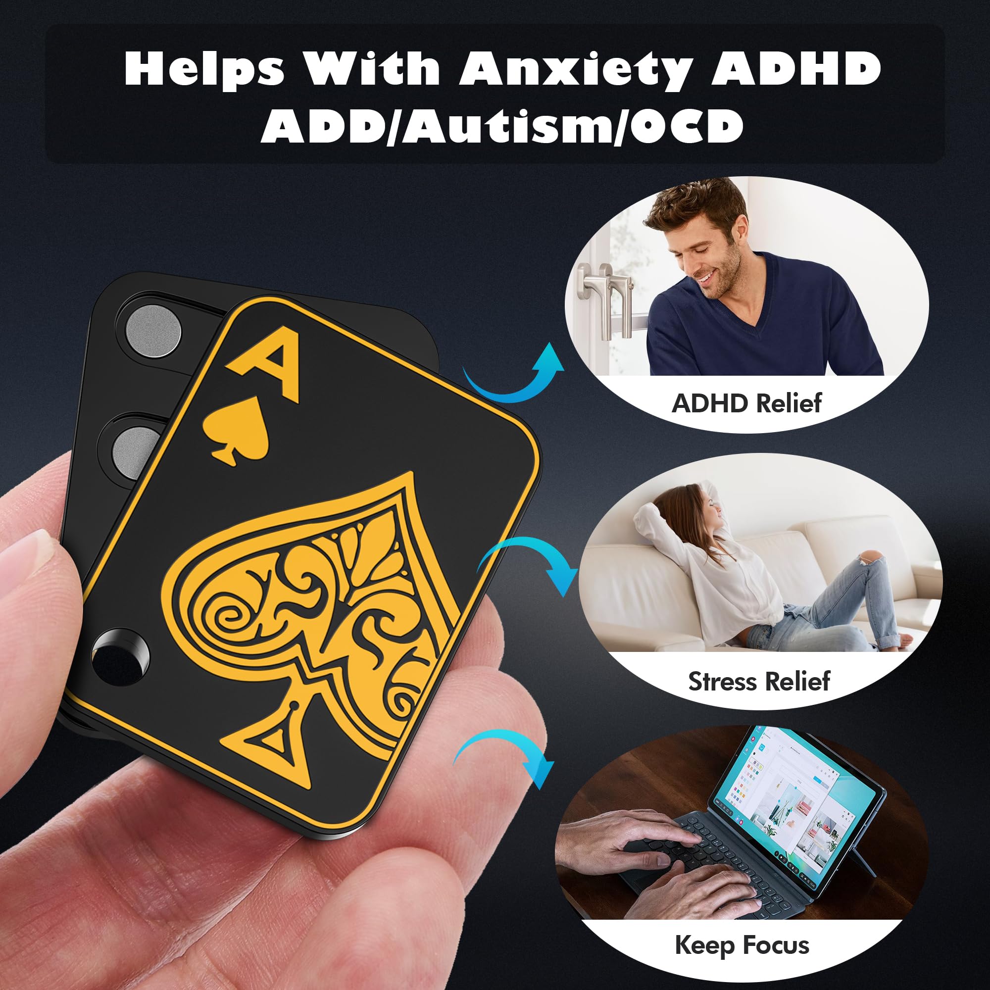 Metal Fidget Slider Toy for Adults - Magnetic Poker Push Card for Anxiety Relief, Stress Reduction & ADHD Focus - Cool EDC Desk Gadget for Office, Home & Travel (Black)