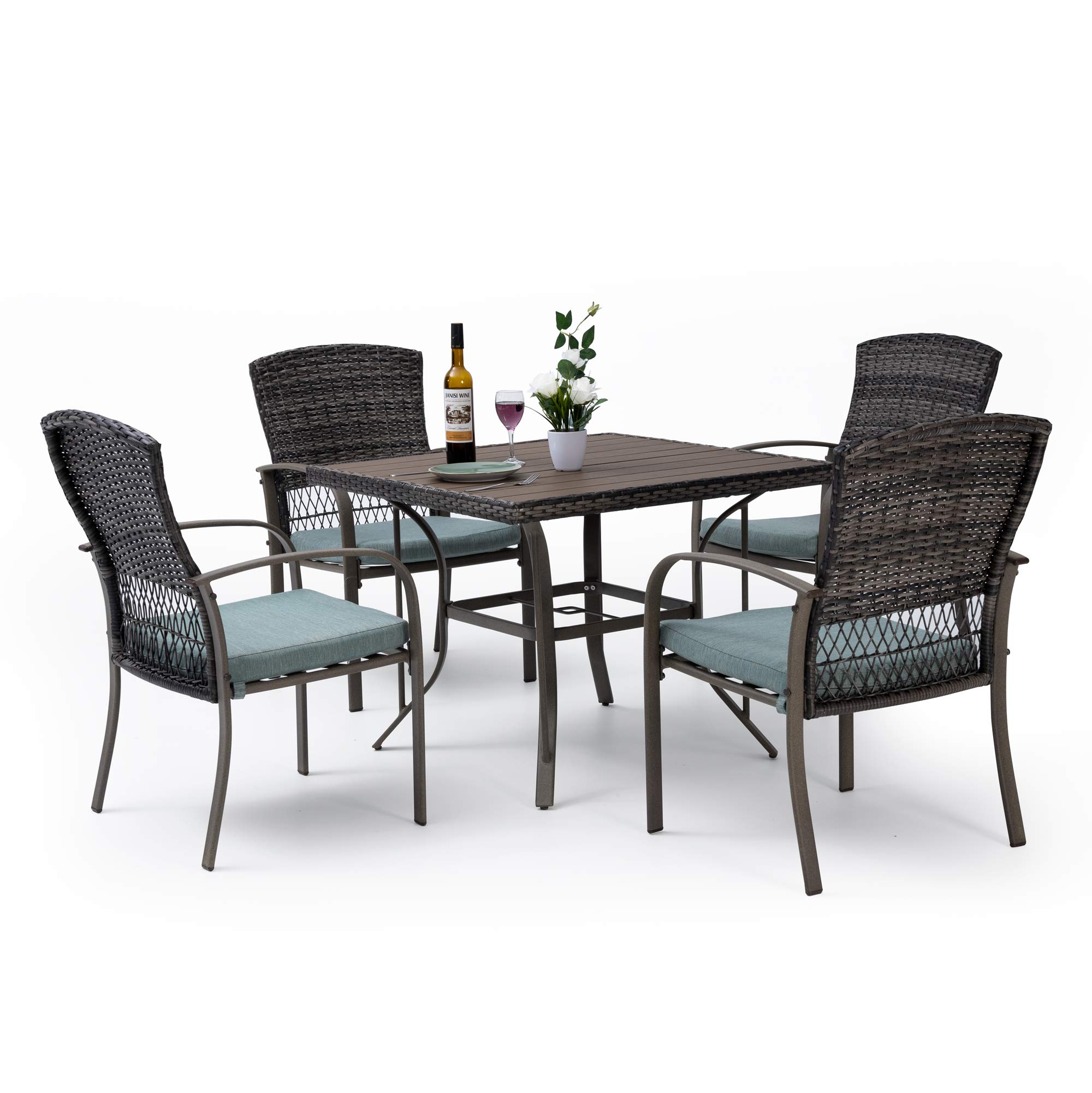 Pamapic 5-Piece Outdoor Patio Dining Set - Green Weather-Resistant PE Rattan Table & Chairs with Comfortable Cushions | Easy to Clean & Maintain | Perfect for Backyard, Garden, Poolside or Balcony Dining