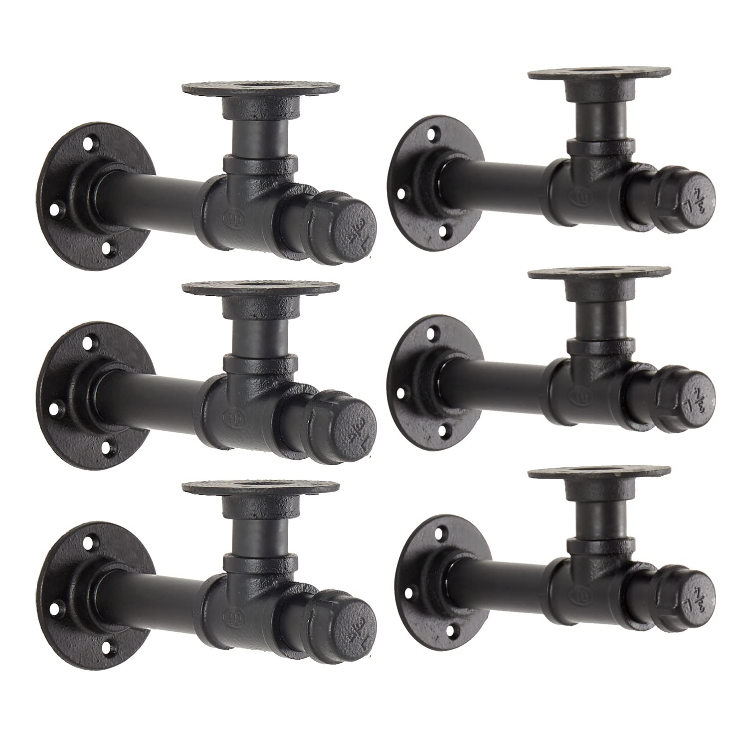 8.6 Inch Industrial Pipe Shelf Bracket Set (6 Pack) - Rustic Vintage Floating Shelf Brackets for 8