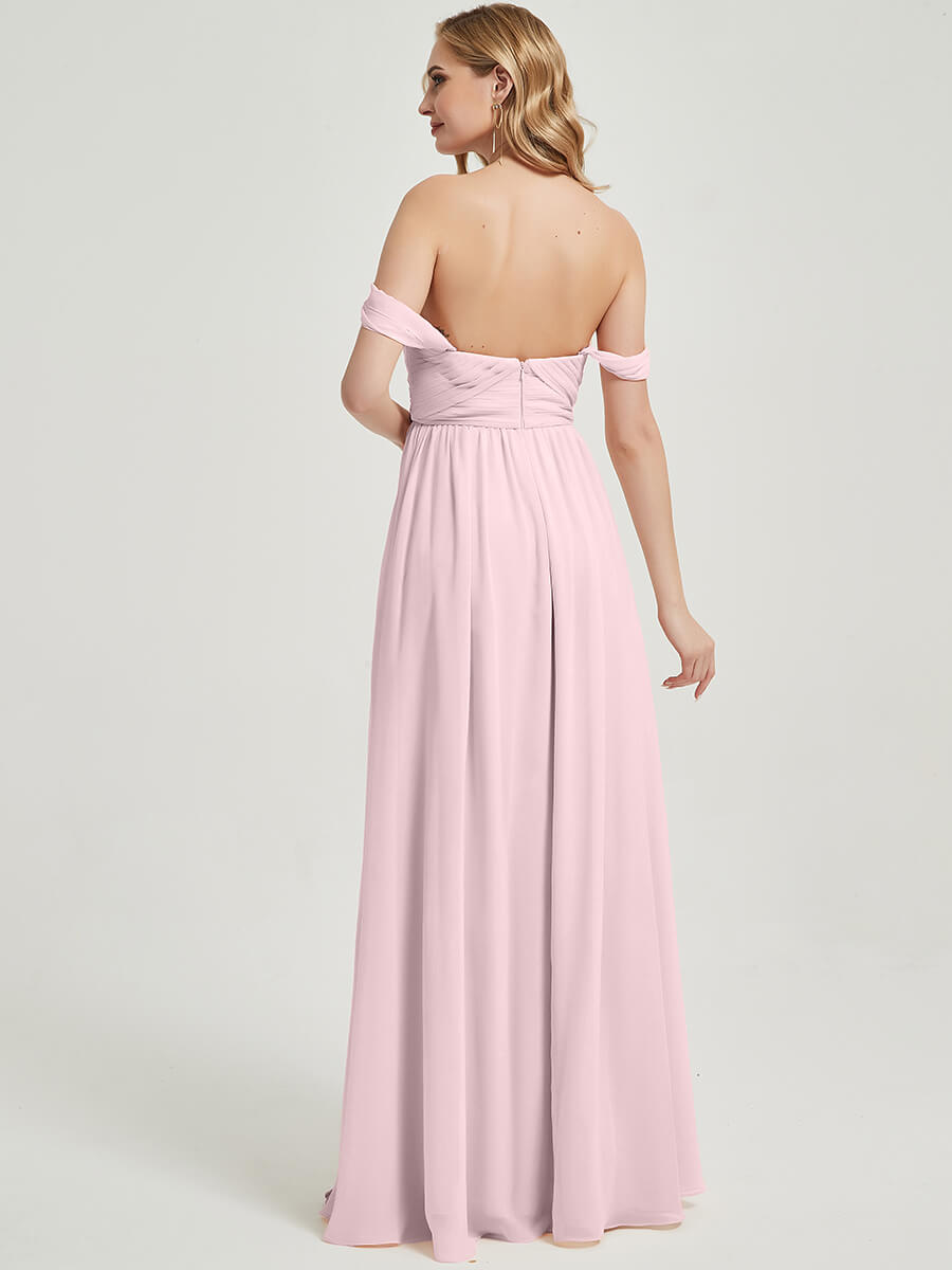 Elegant Blush Convertible Halter Off-Shoulder Chiffon Bridesmaid Maxi Dress for Weddings, Parties & Special Occasions