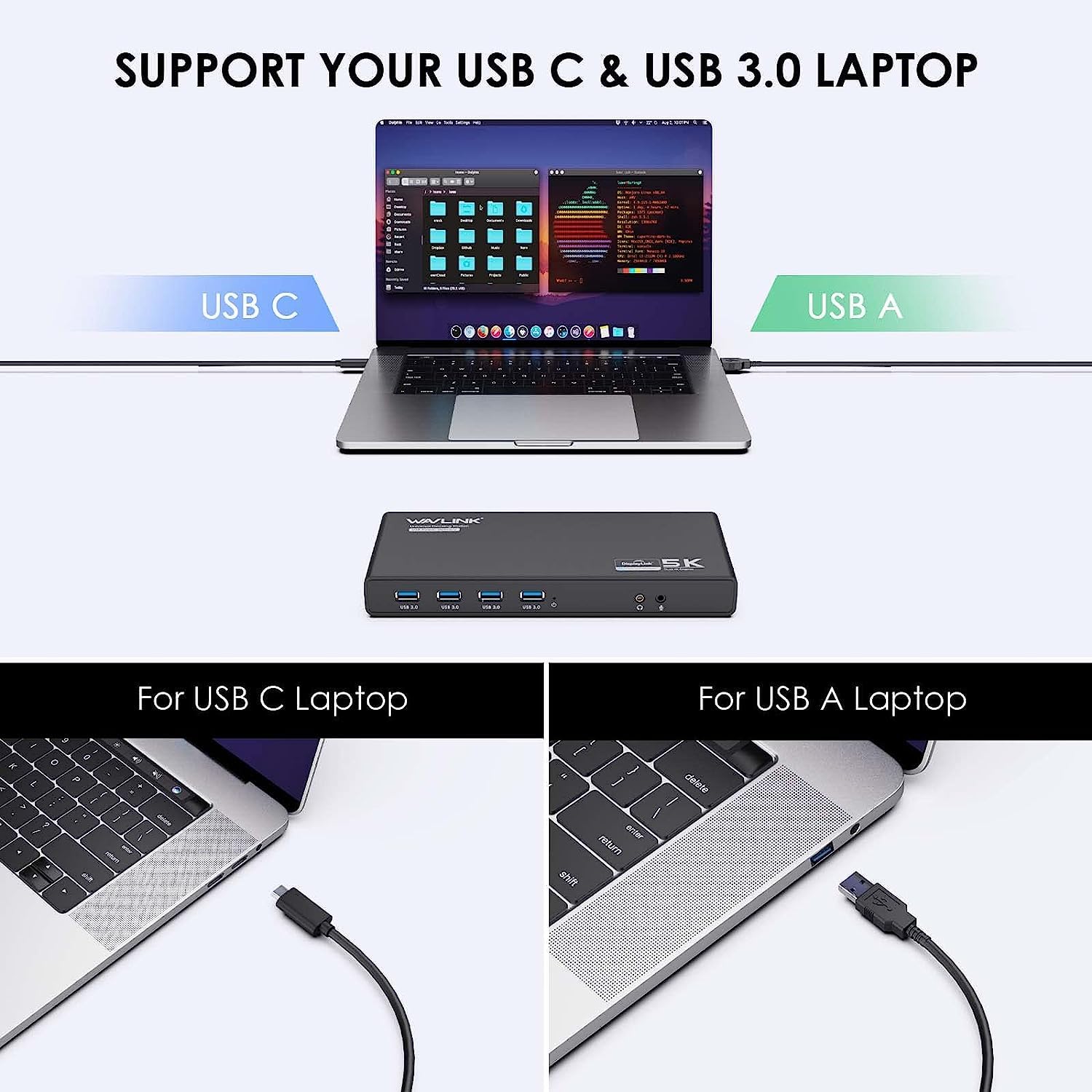 WAVLINK USB 3.0 Universal Laptop Docking Station with 65W Power Delivery - Dual Monitor Support (5K/4K) via 2 HDMI & 2 DisplayPort - Gigabit Ethernet, 6 USB 3.0 Ports, Audio/Mic - Compatible with Windows & Mac OS - Perfect for Home Office, Remote Work & Multi-Tasking Professionals
